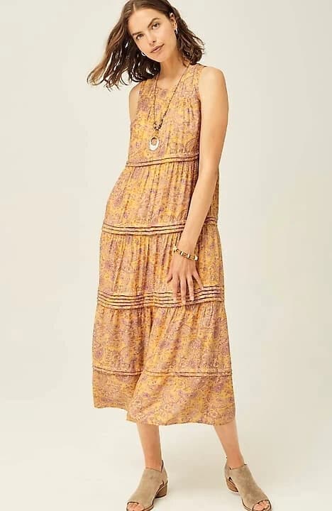 NWT J.Jill Floral Paisley Pleated-Tiers Maxi Dress Sleeveless Yellow Rayon Sz.XS - Thumbnail 2