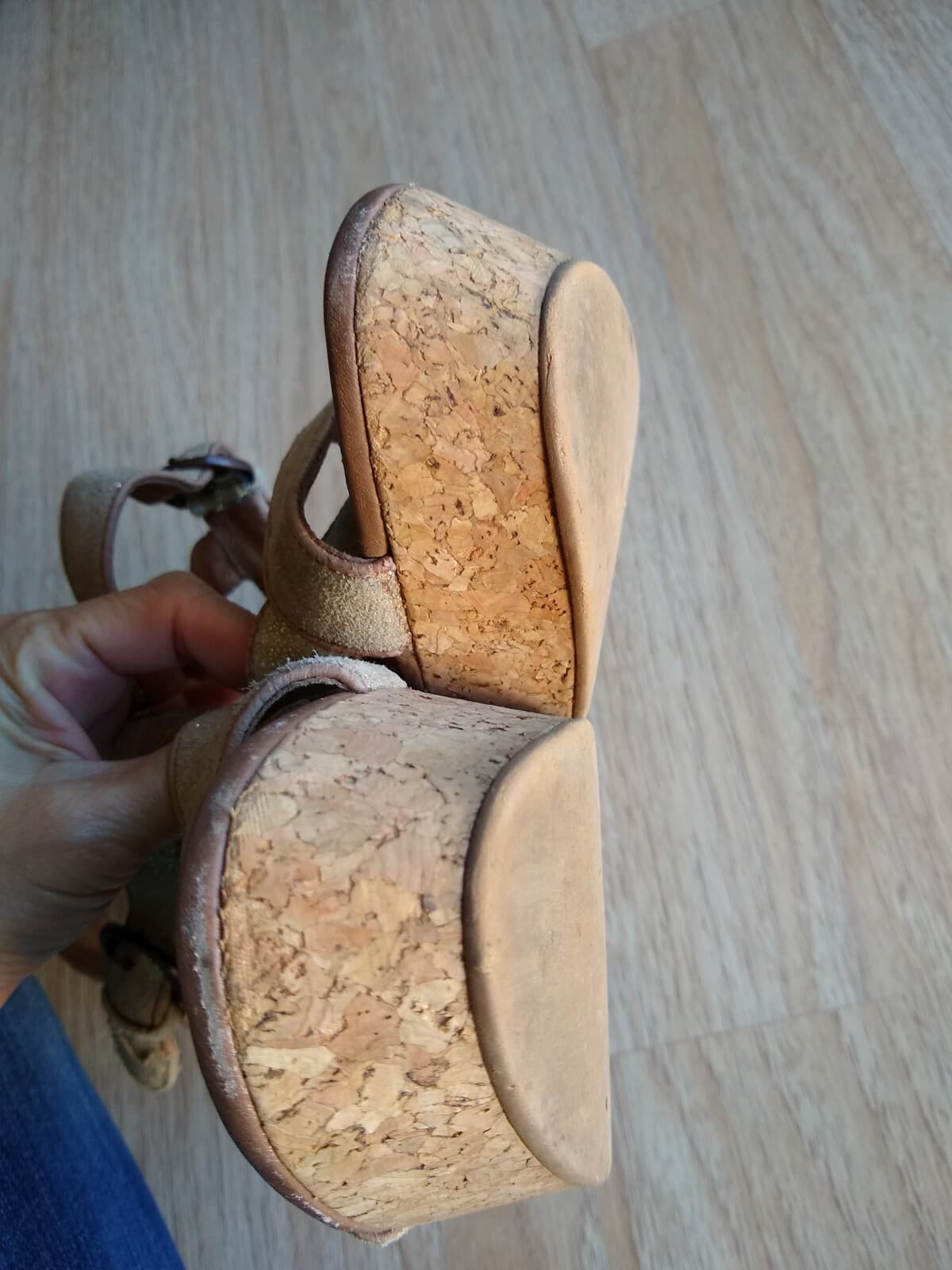 UGG Suede Leather Cork Wedge Sandals Buckle Strappy High Heel Tan Sz.10 - Thumbnail 8