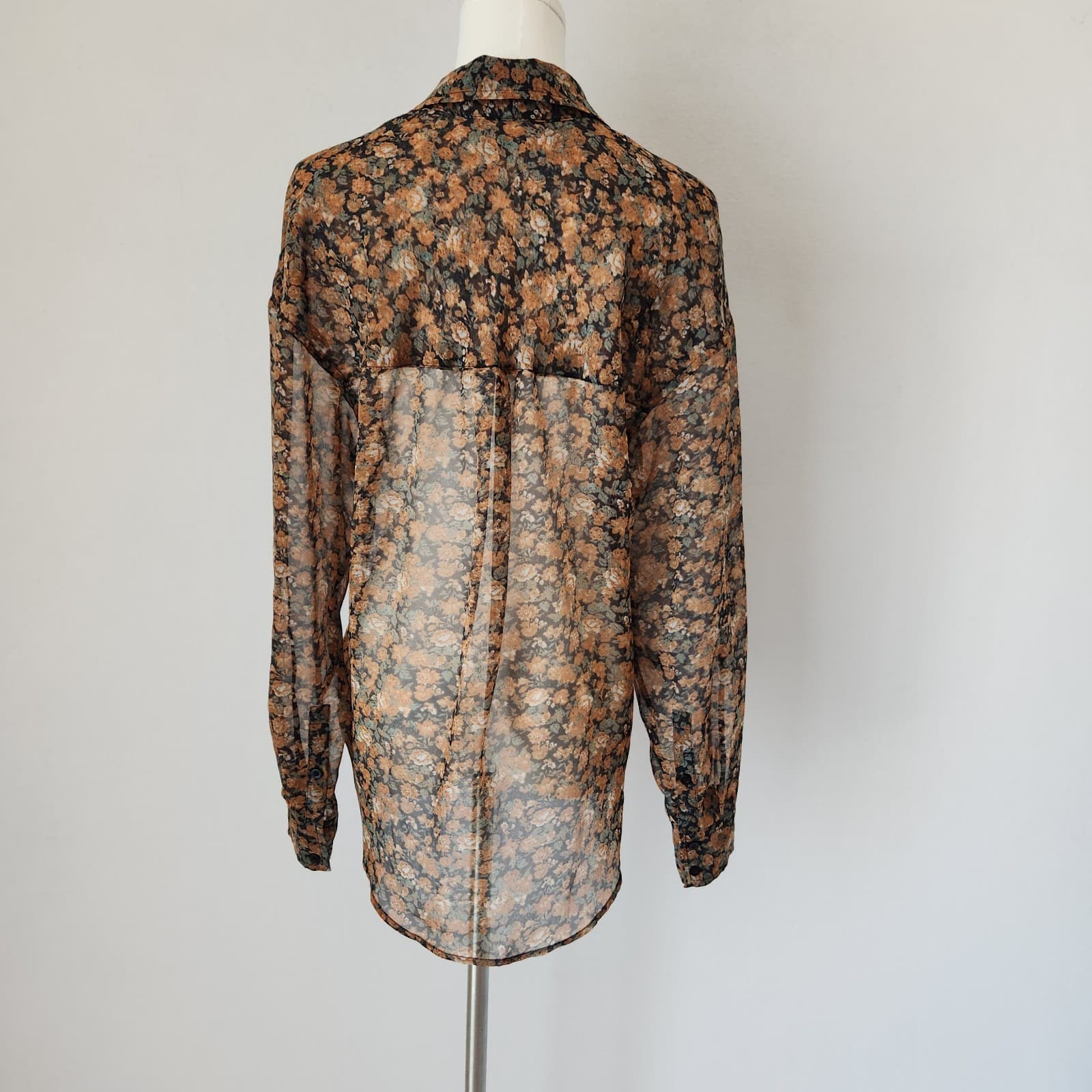 Free People Floral Sheer Chiffon Button-Up Shirt Long Sleeve Pocket Women's XS - Thumbnail 4