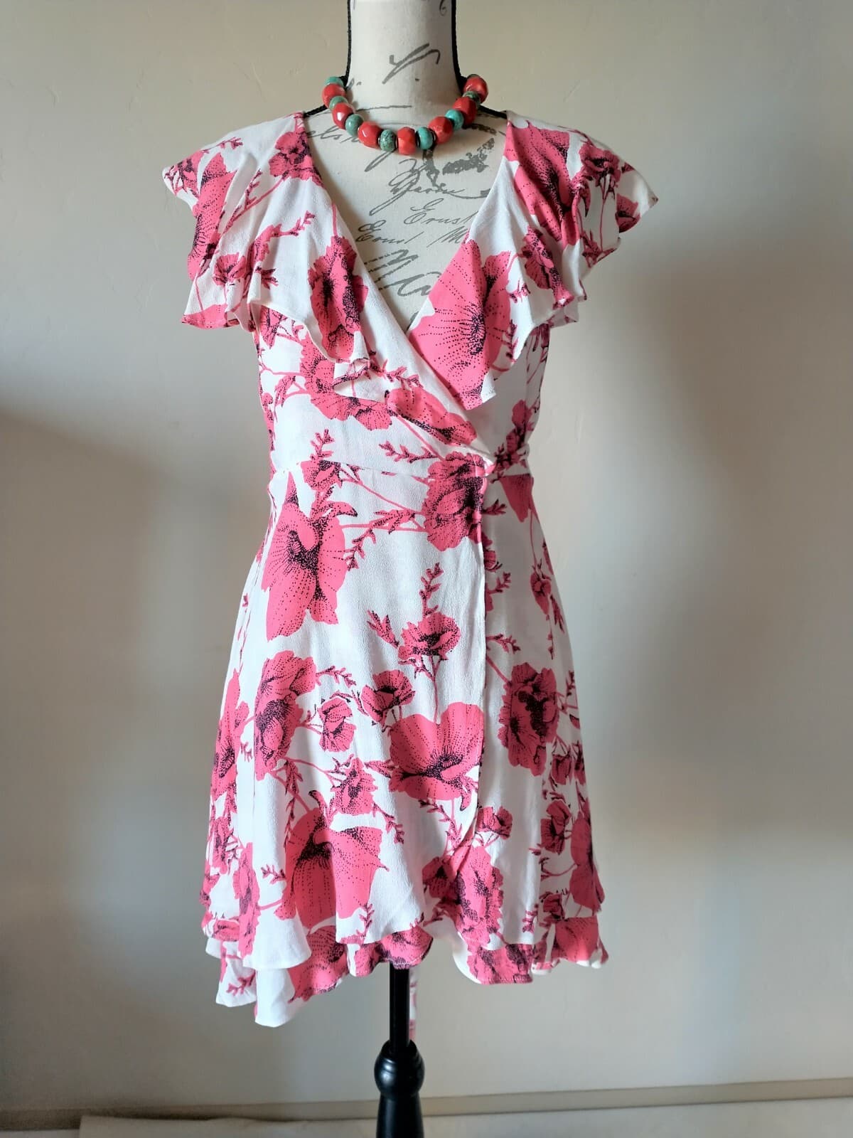Free People French Quarter Floral Mini Wrap Dress Ruffle Short Sleeve Pink Sz.S - Thumbnail 2