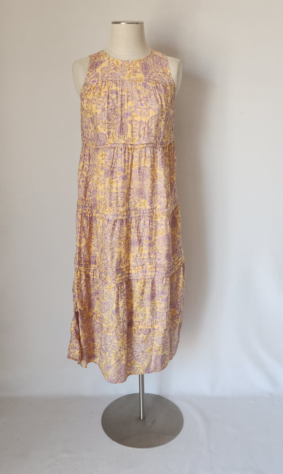 NWT J.Jill Floral Paisley Pleated-Tiers Maxi Dress Sleeveless Yellow Rayon Sz.XS - Thumbnail 3