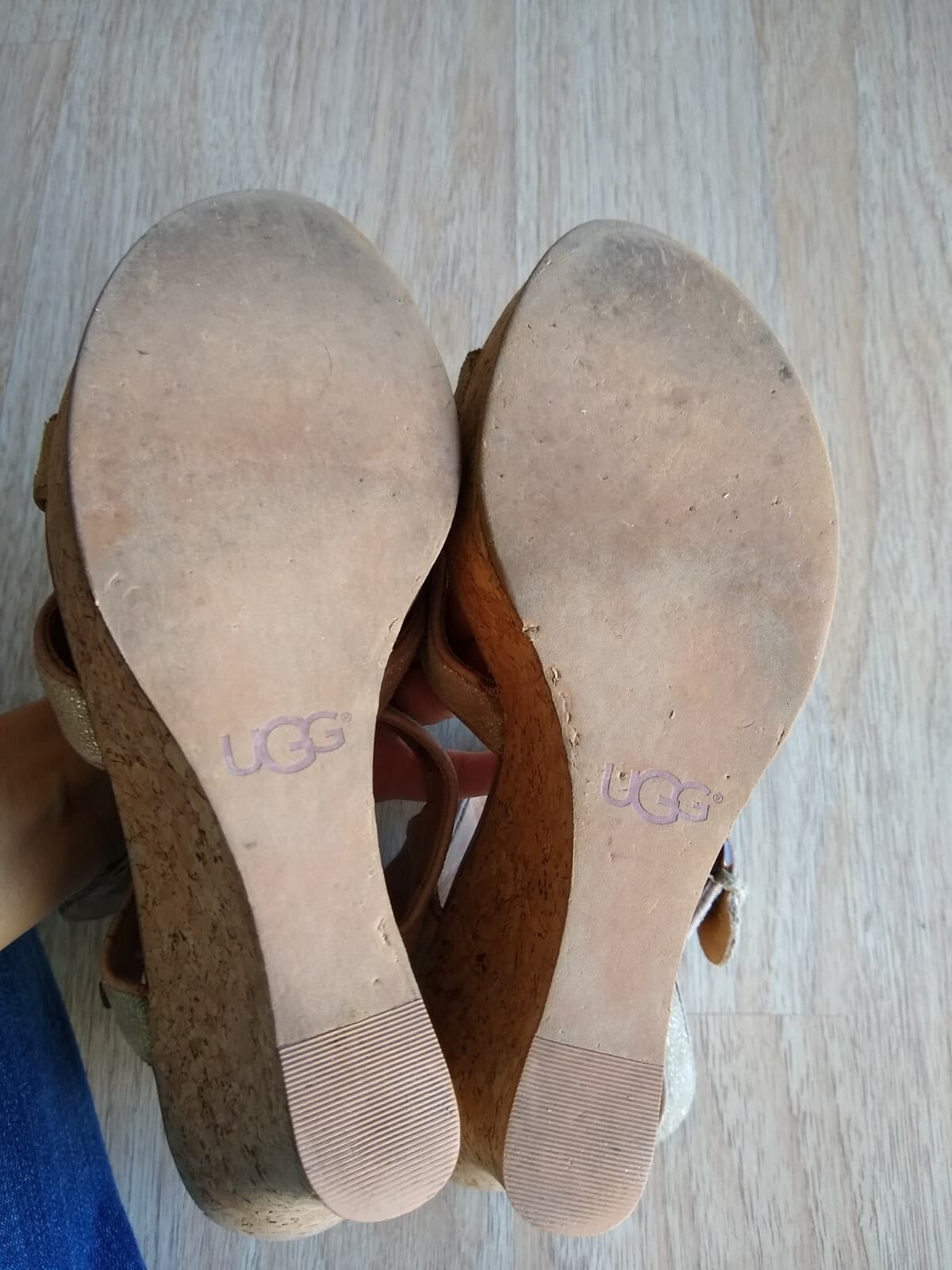 UGG Suede Leather Cork Wedge Sandals Buckle Strappy High Heel Tan Sz.10 - Thumbnail 9
