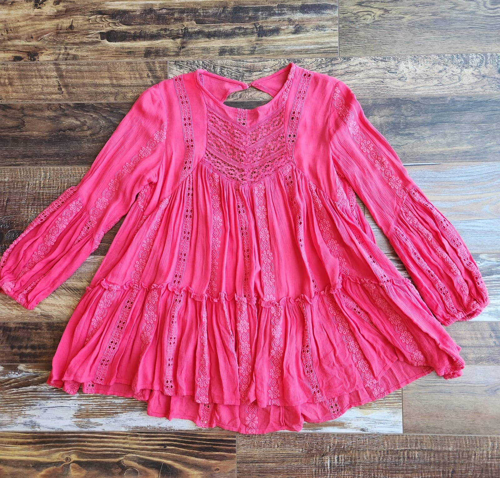 Free People Kiss Kiss Embroidered Eyelet Boho Mini Dress Long Sleeve Pink Sz.XS - Thumbnail 5