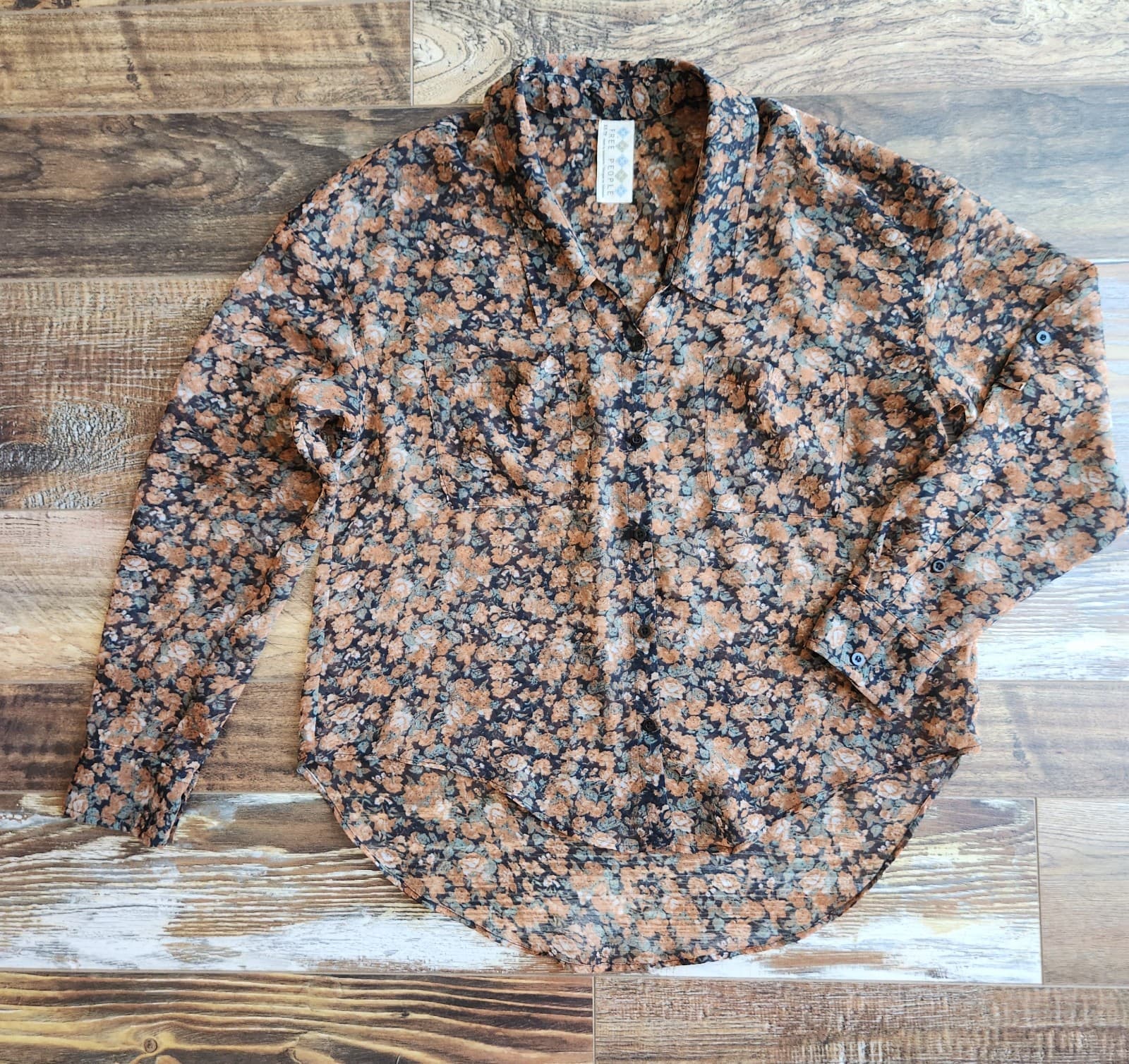 Free People Floral Sheer Chiffon Button-Up Shirt Long Sleeve Pocket Women's XS - Thumbnail 5