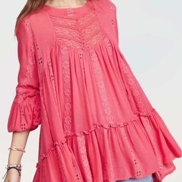 Free People Kiss Kiss Embroidered Eyelet Boho Mini Dress Long Sleeve Pink Sz.XS - Thumbnail 6