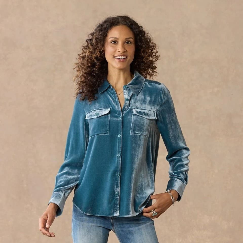 Sundance Velvet Button-Up Shirt Pockets Long Sleeve Silk Blend Blue Women's M - Thumbnail 13