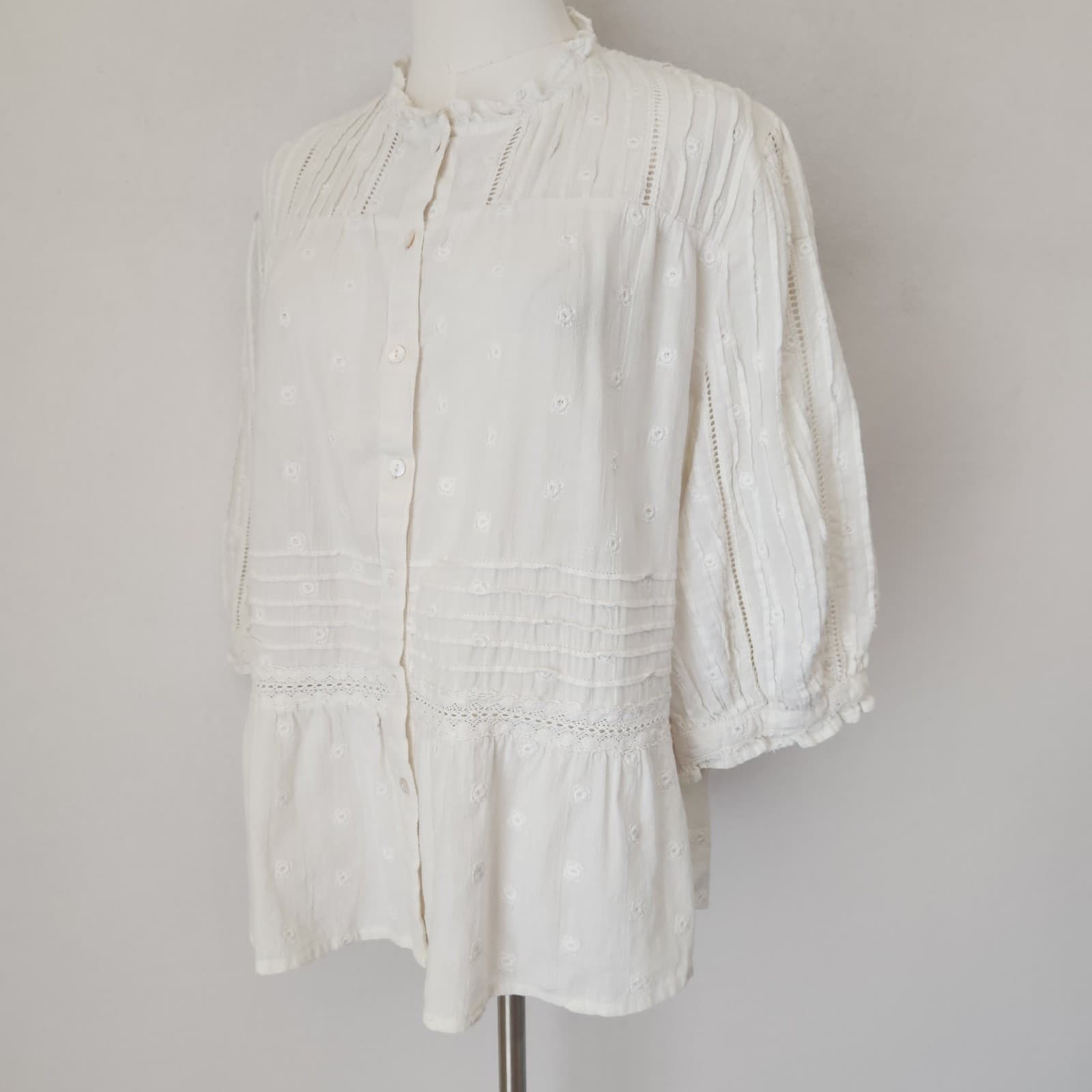 Sundance Cotton Embroidered Eyelet Blouse Button-Up 3/4 Sleeve White Oversize XS - Thumbnail 2