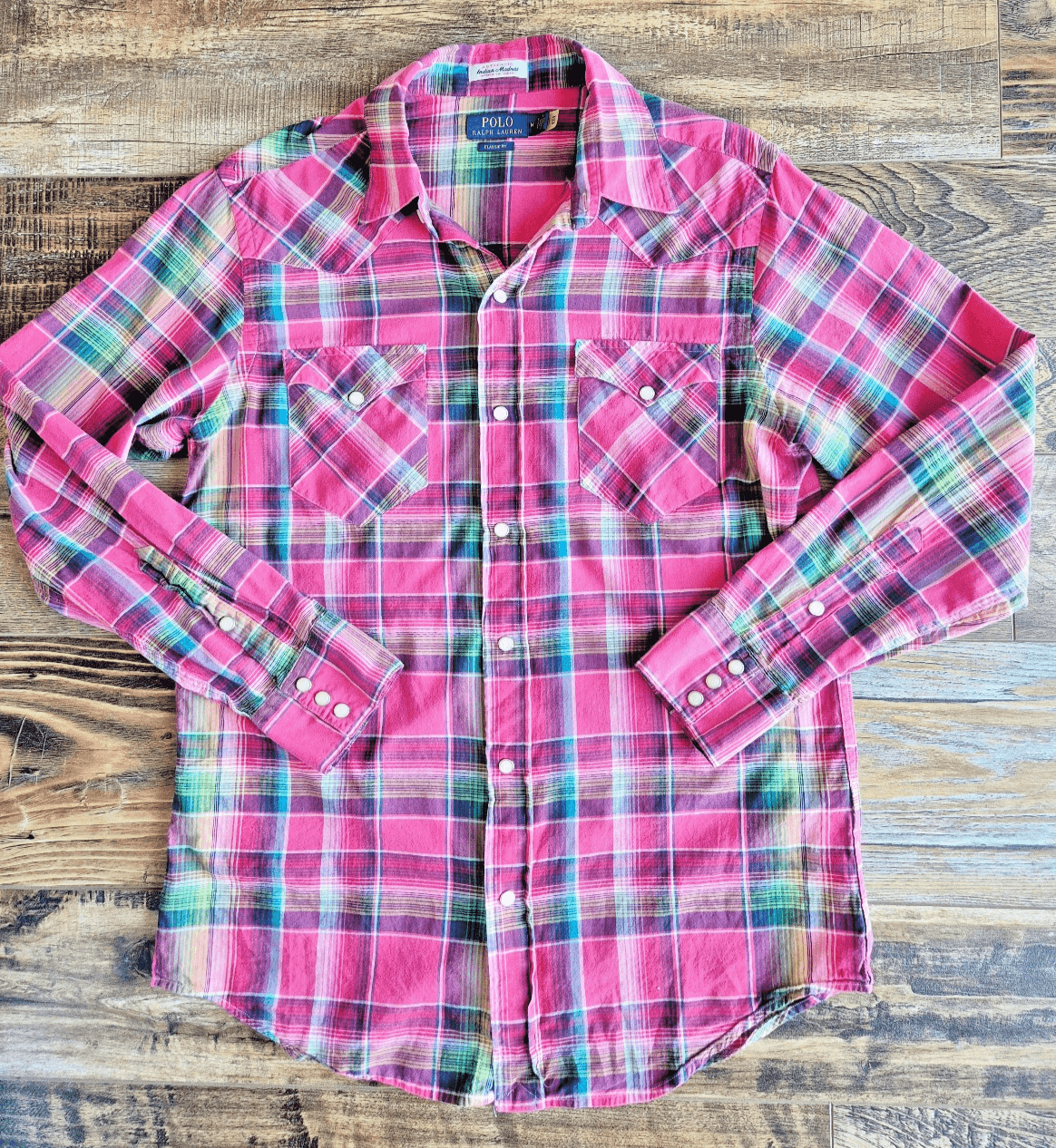 Polo Ralph Lauren Indian Madras Pearl Snap Western Shirt Long Sleeve Pink Mens M - Thumbnail 2