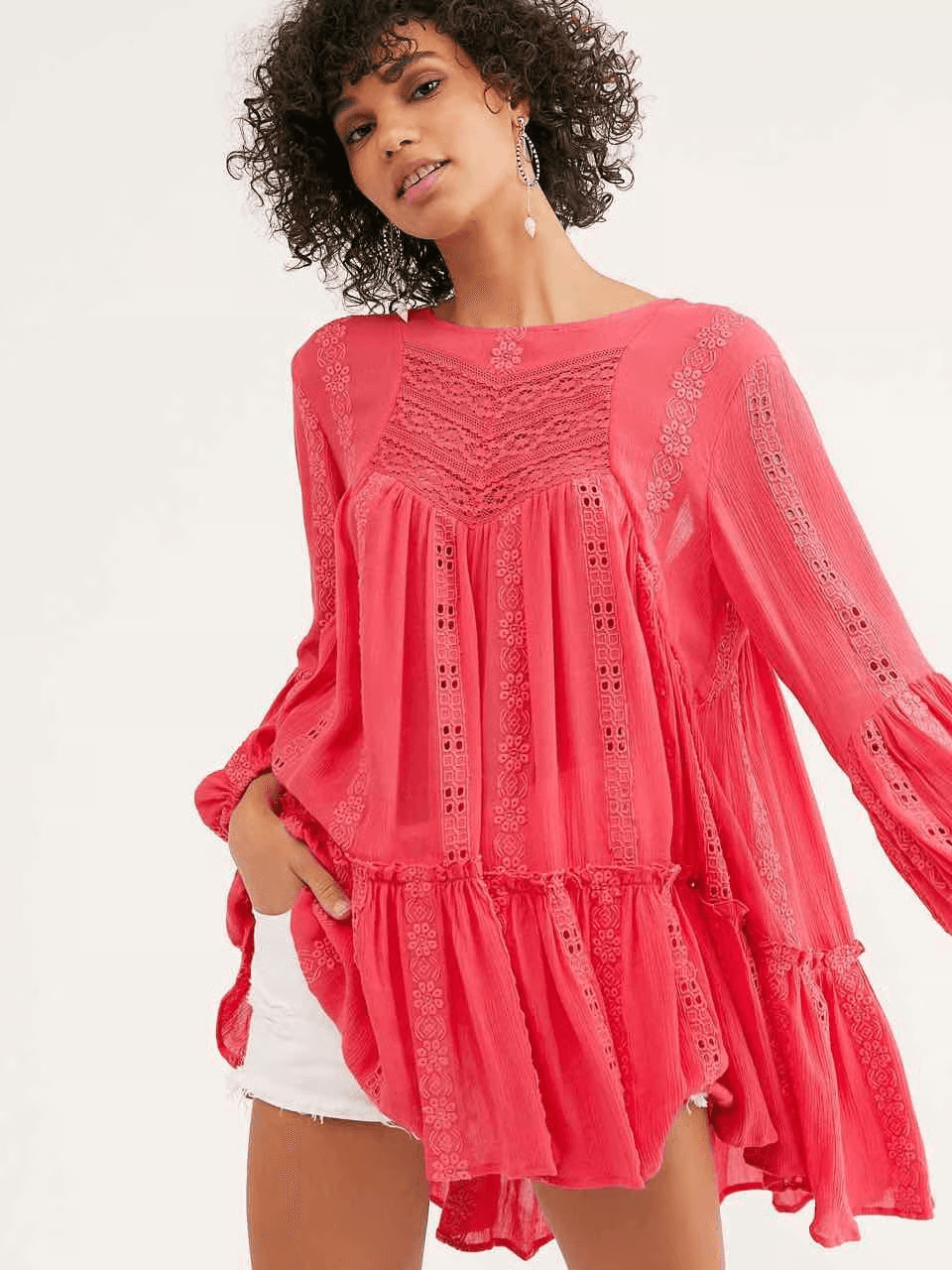 Free People Kiss Kiss Embroidered Eyelet Boho Mini Dress Long Sleeve Pink Sz.XS - Thumbnail 3