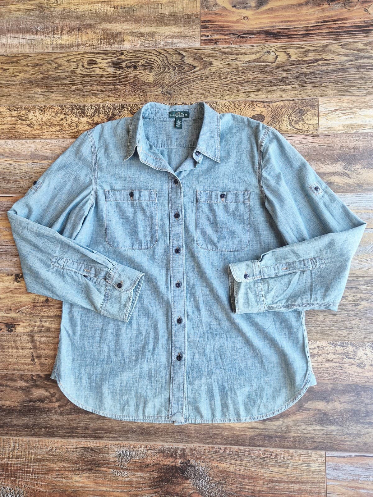 Vintage Lauren Jeans Co LRL Cotton Chambray Shirt Button Long Tap Sleeve Women L - Thumbnail 6