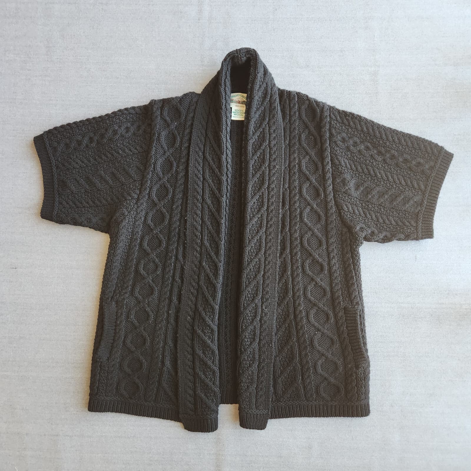 Aran Crafts Ireland Merino Wool Cable Knit Short Sleeve Open Cardigan Black Sz.M - Thumbnail 3