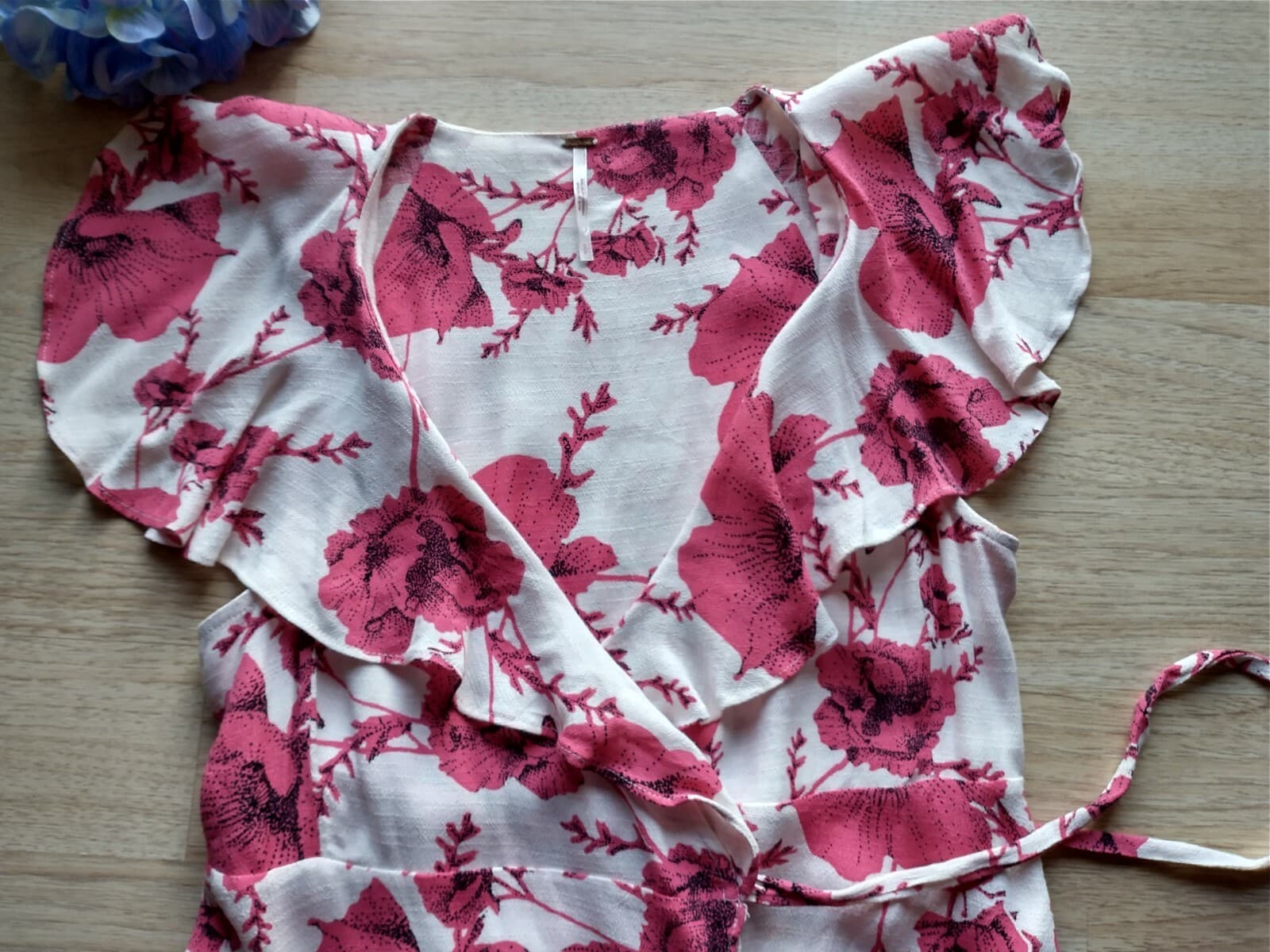 Free People French Quarter Floral Mini Wrap Dress Ruffle Short Sleeve Pink Sz.S - Thumbnail 9