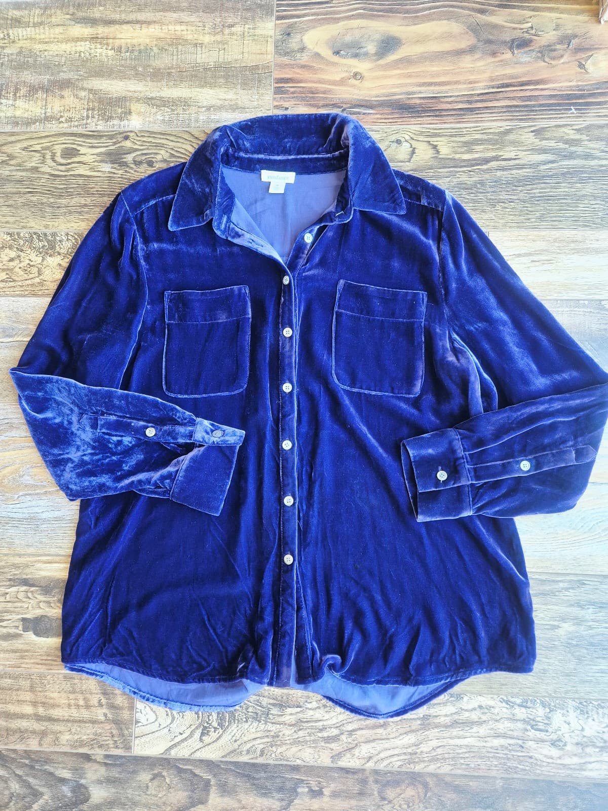 Sundance Velvet Button-Up Shirt Pockets Long Sleeve Silk Blend Blue Women's M - Thumbnail 3