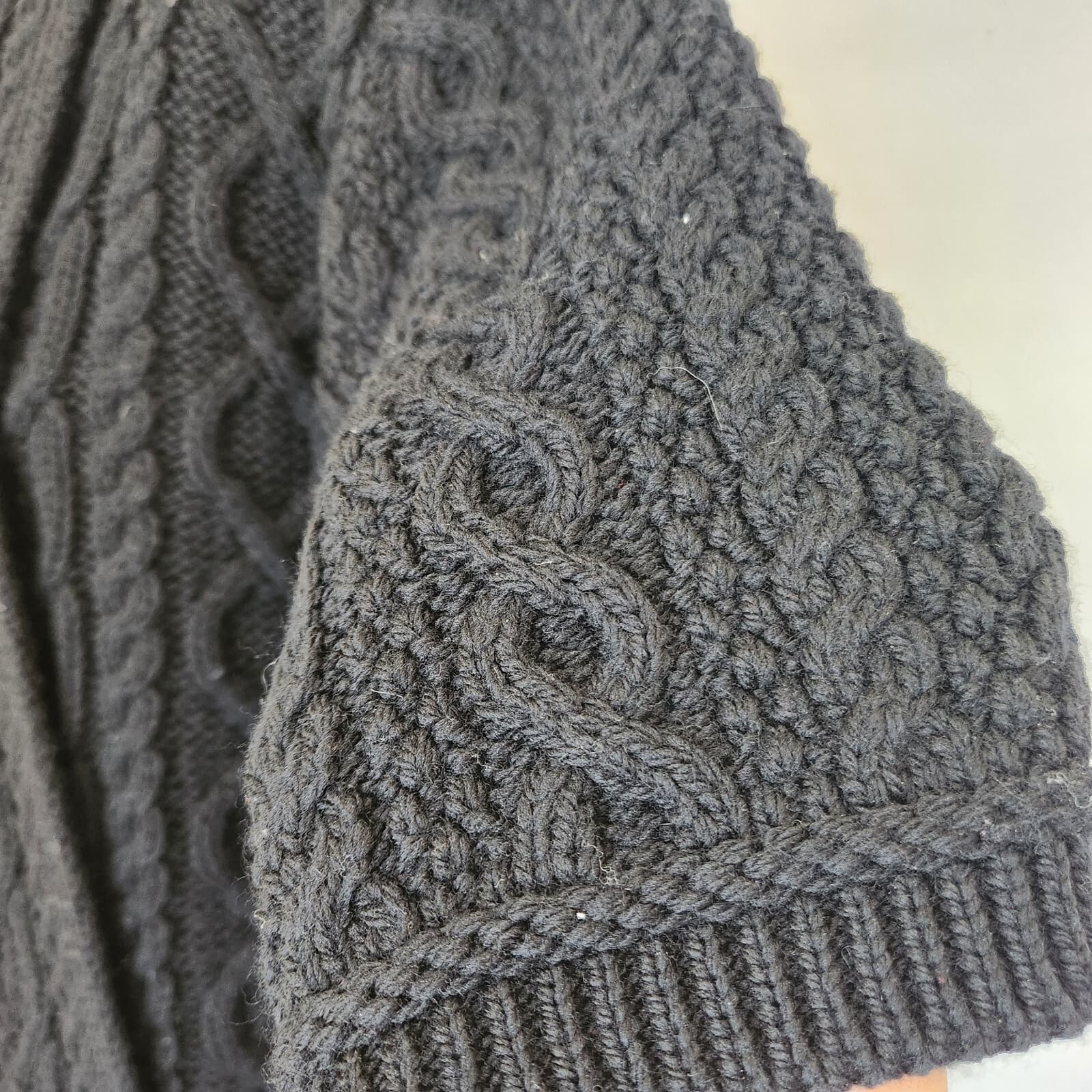 Aran Crafts Ireland Merino Wool Cable Knit Short Sleeve Open Cardigan Black Sz.M - Thumbnail 4