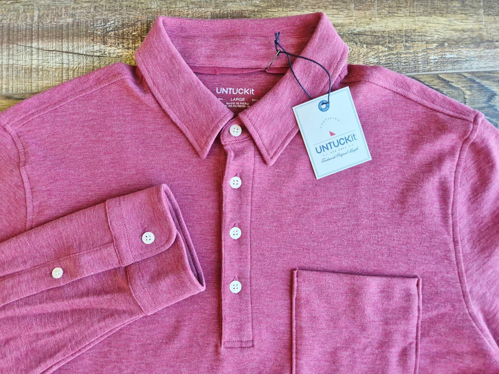 NEW Untuckit Argill Long Sleeve Polo Shirt Heavyweight Cotton Blend Berry Mens L