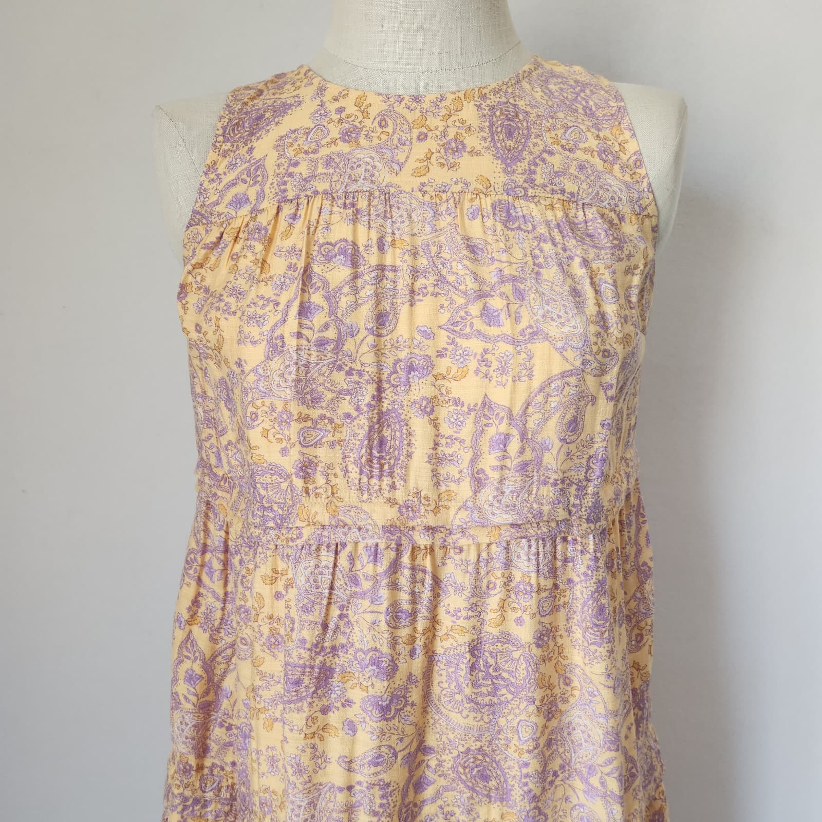 NWT J.Jill Floral Paisley Pleated-Tiers Maxi Dress Sleeveless Yellow Rayon Sz.XS - Thumbnail 4