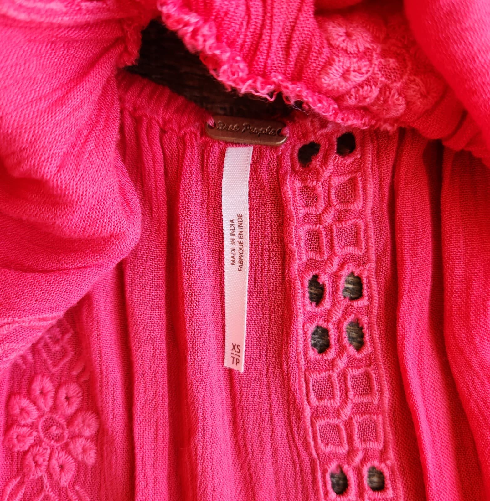 Free People Kiss Kiss Embroidered Eyelet Boho Mini Dress Long Sleeve Pink Sz.XS - Thumbnail 9
