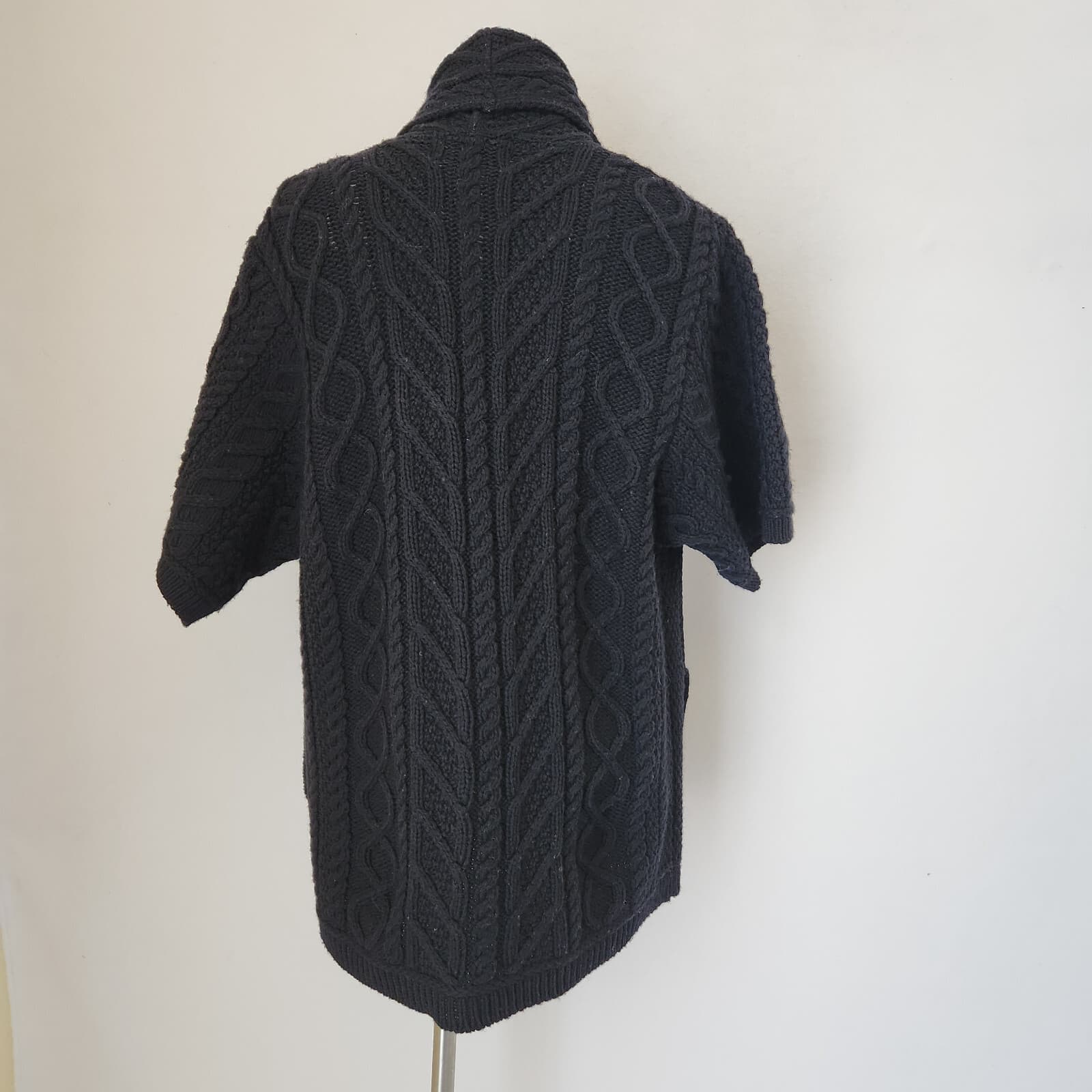 Aran Crafts Ireland Merino Wool Cable Knit Short Sleeve Open Cardigan Black Sz.M - Thumbnail 5