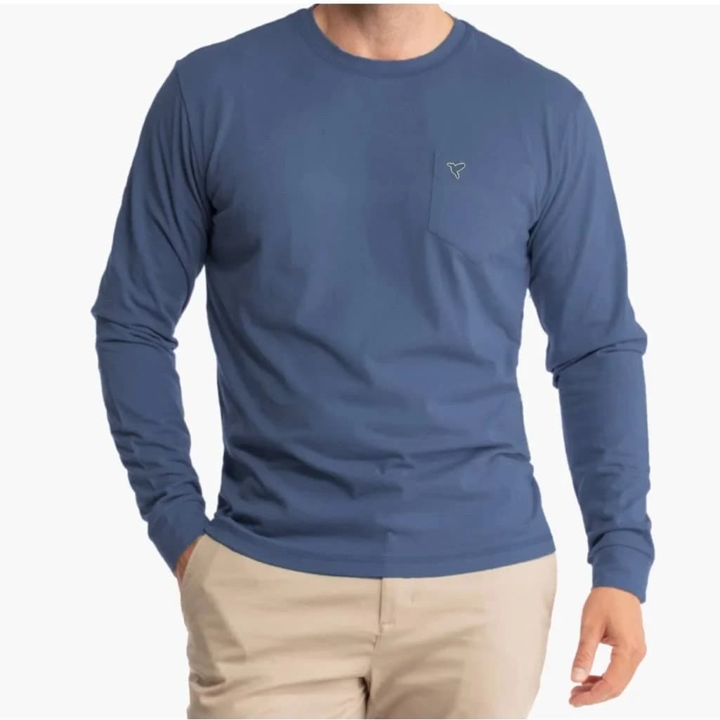 Birddogs Men's XL Logo Pocket Long Sleeve T-Shirt Crew Neck Blue Cotton Blend - Thumbnail 3