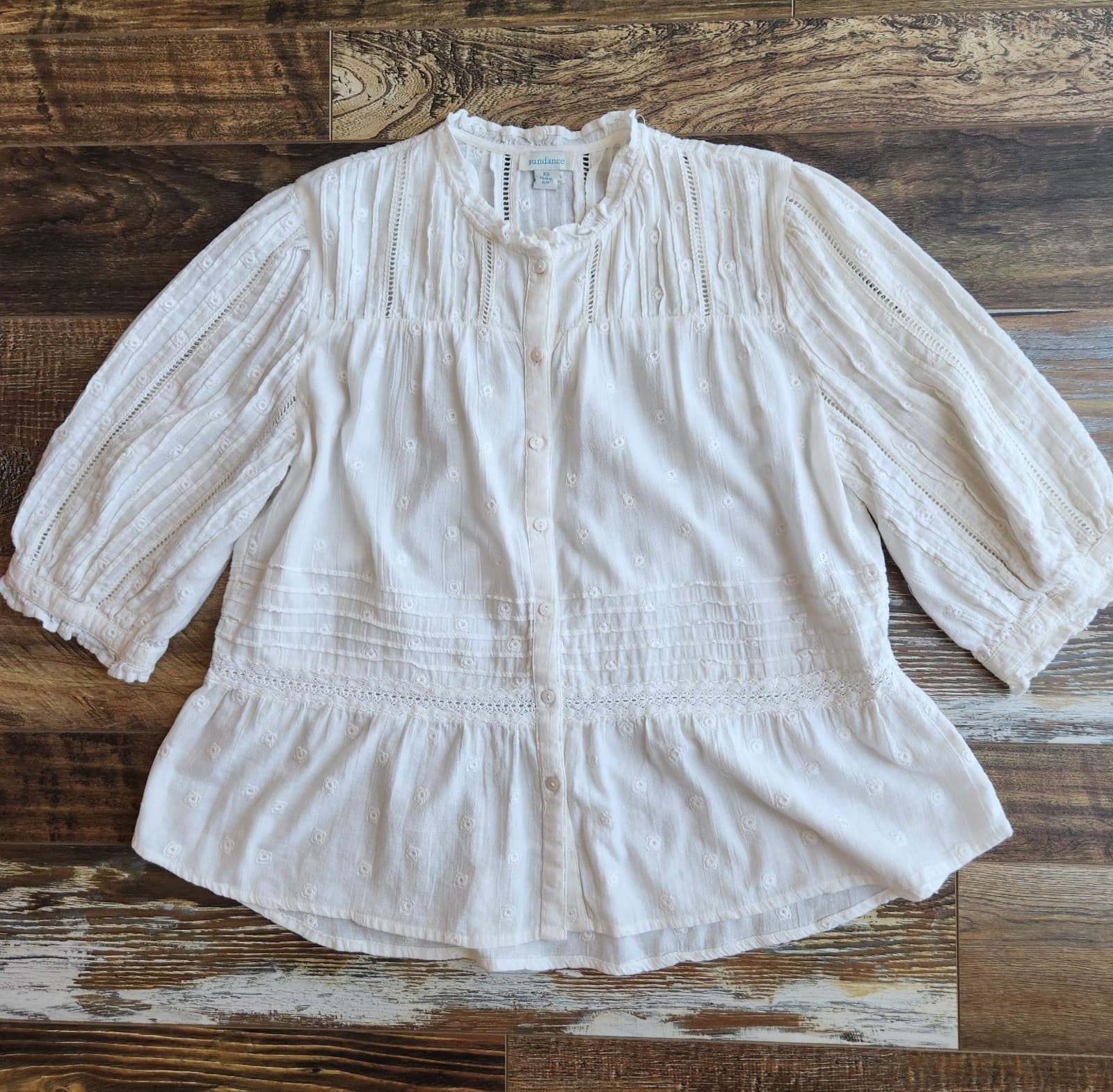Sundance Cotton Embroidered Eyelet Blouse Button-Up 3/4 Sleeve White Oversize XS - Thumbnail 4