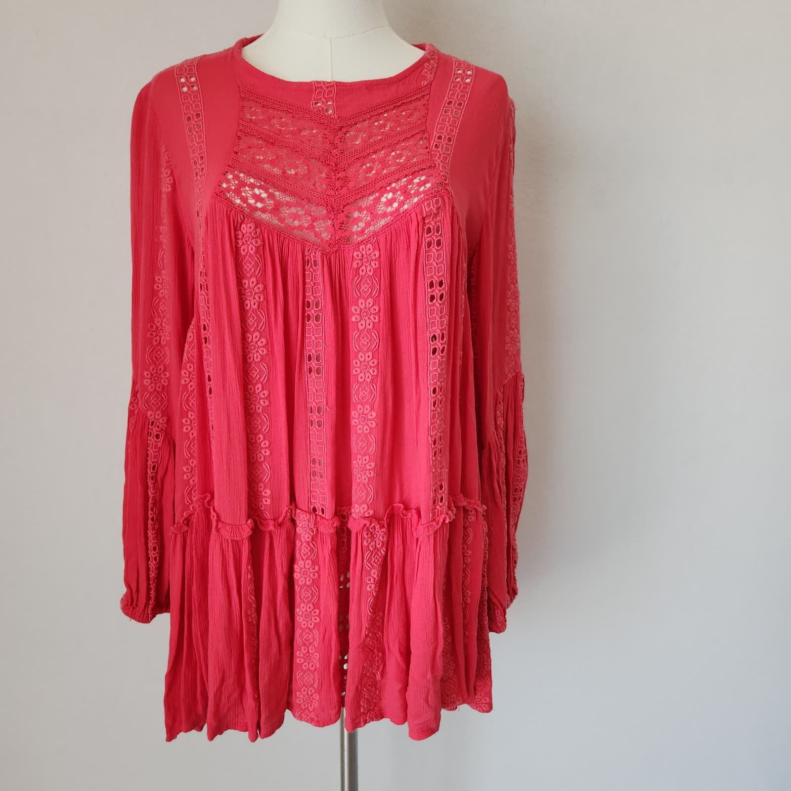 Free People Kiss Kiss Embroidered Eyelet Boho Mini Dress Long Sleeve Pink Sz.XS