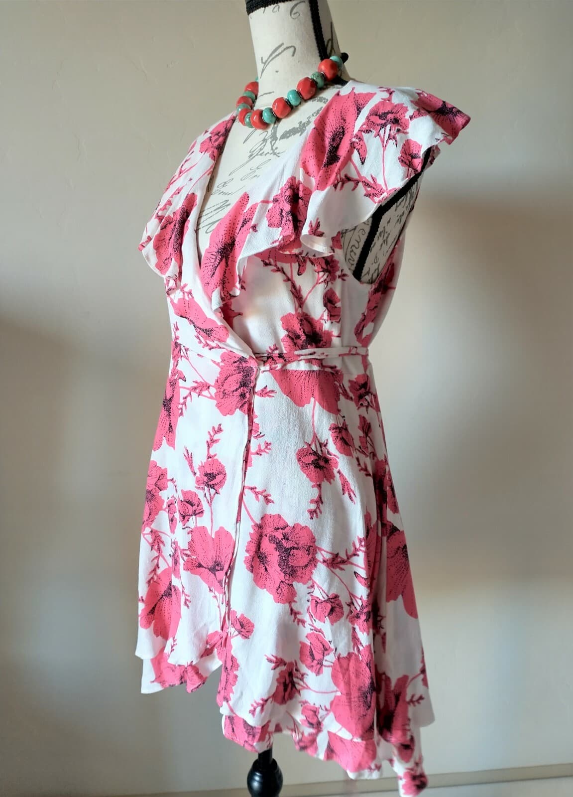 Free People French Quarter Floral Mini Wrap Dress Ruffle Short Sleeve Pink Sz.S - Thumbnail 5