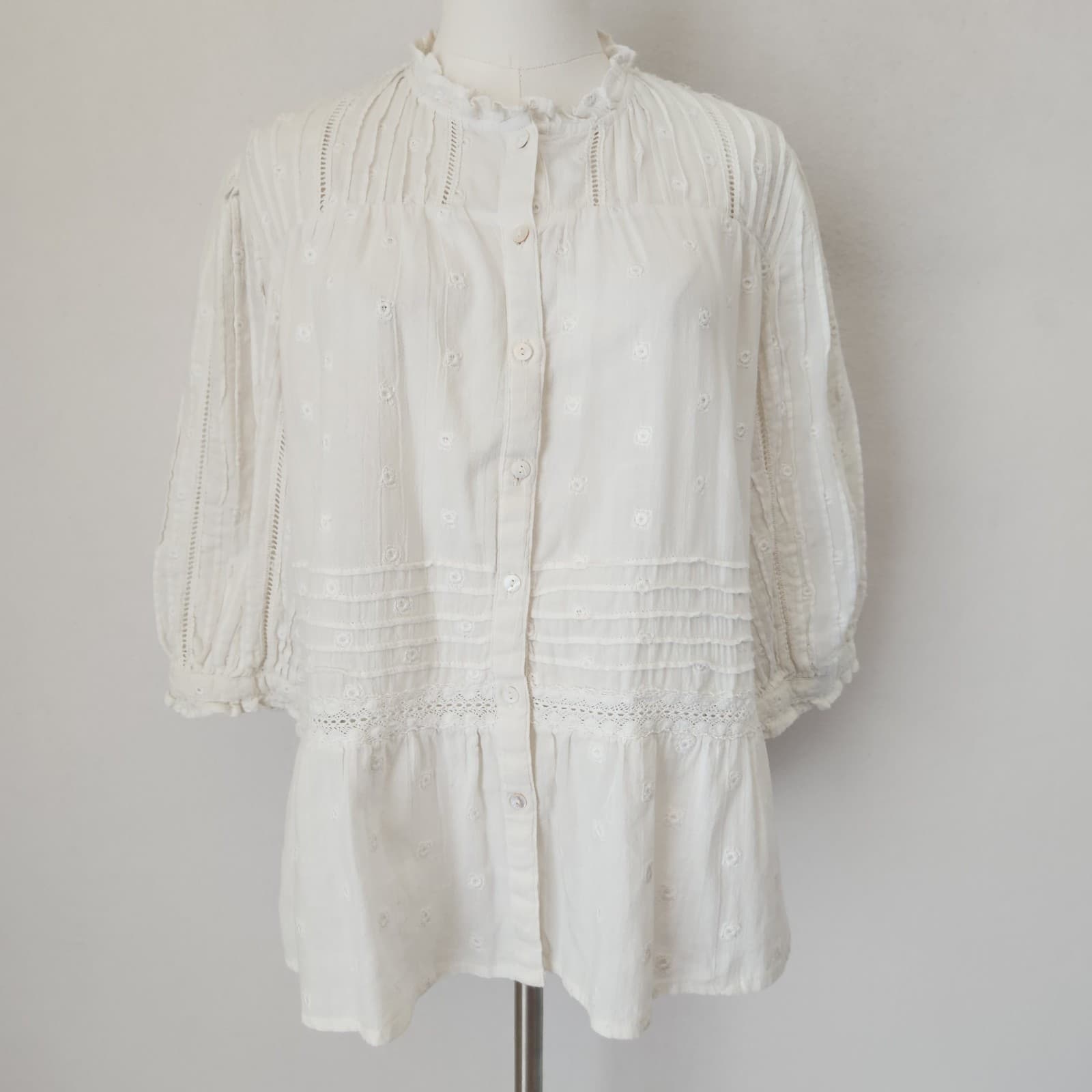 Sundance Cotton Embroidered Eyelet Blouse Button-Up 3/4 Sleeve White Oversize XS