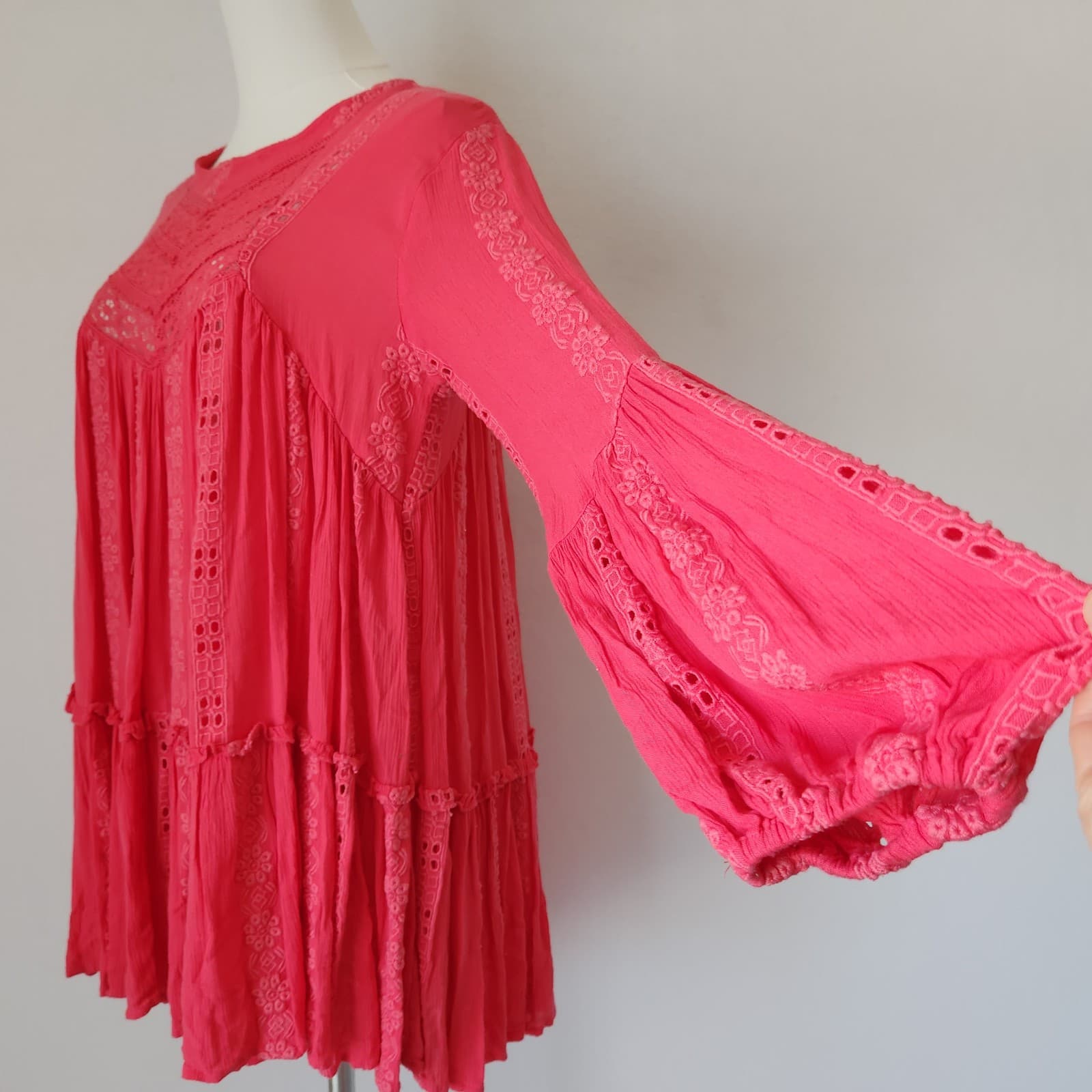 Free People Kiss Kiss Embroidered Eyelet Boho Mini Dress Long Sleeve Pink Sz.XS - Thumbnail 7