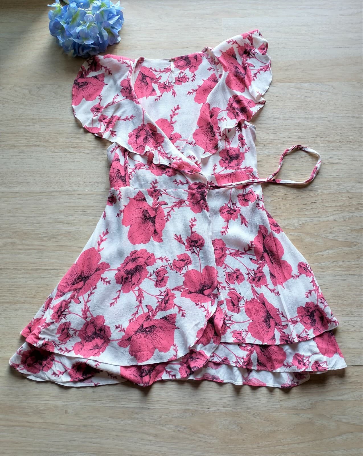 Free People French Quarter Floral Mini Wrap Dress Ruffle Short Sleeve Pink Sz.S - Thumbnail 7