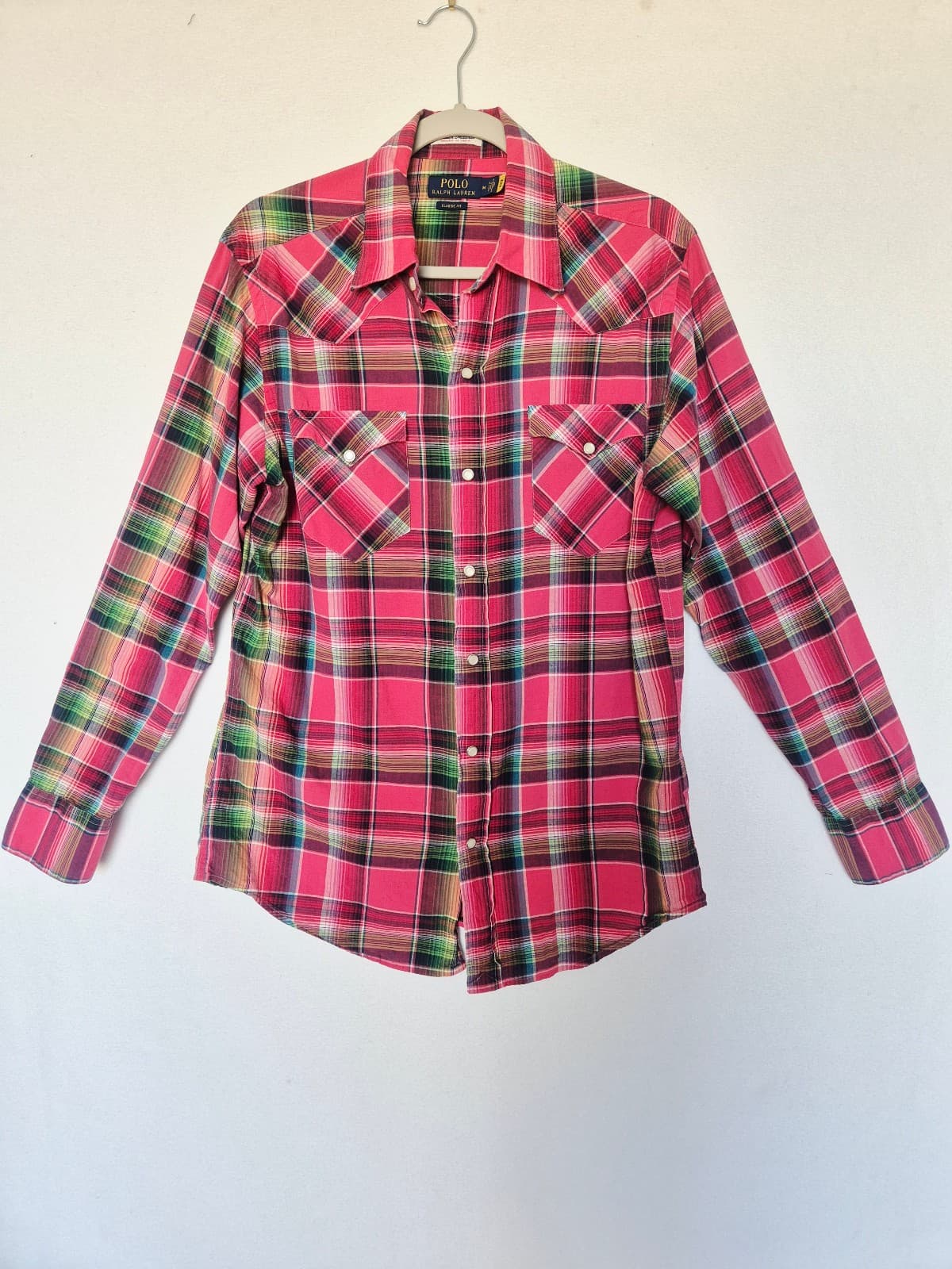Polo Ralph Lauren Indian Madras Pearl Snap Western Shirt Long Sleeve Pink Mens M - Thumbnail 4