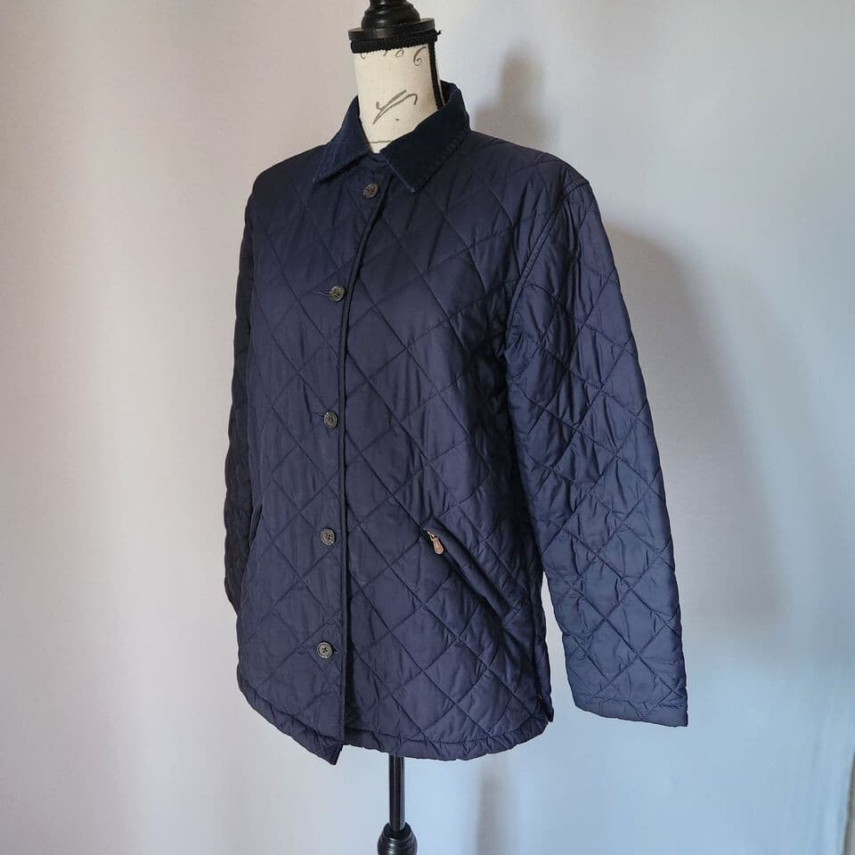Ralph Lauren Golf Quilted Jacket Corduroy Colloar Button Zip-Pocket Blue Women M - Thumbnail 2