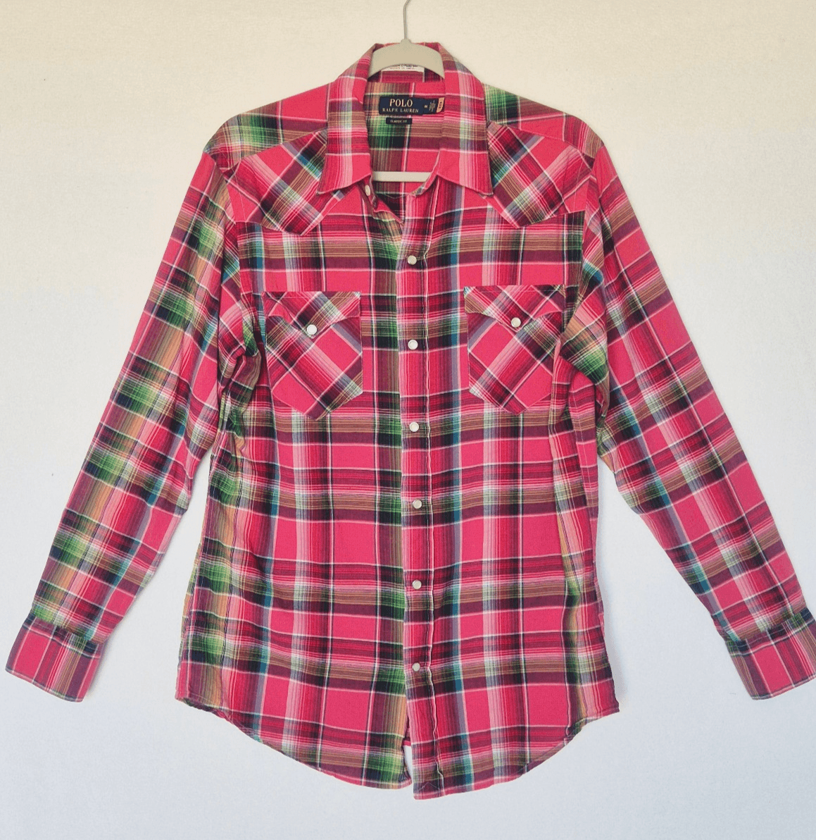 Polo Ralph Lauren Indian Madras Pearl Snap Western Shirt Long Sleeve Pink Mens M - Thumbnail 3