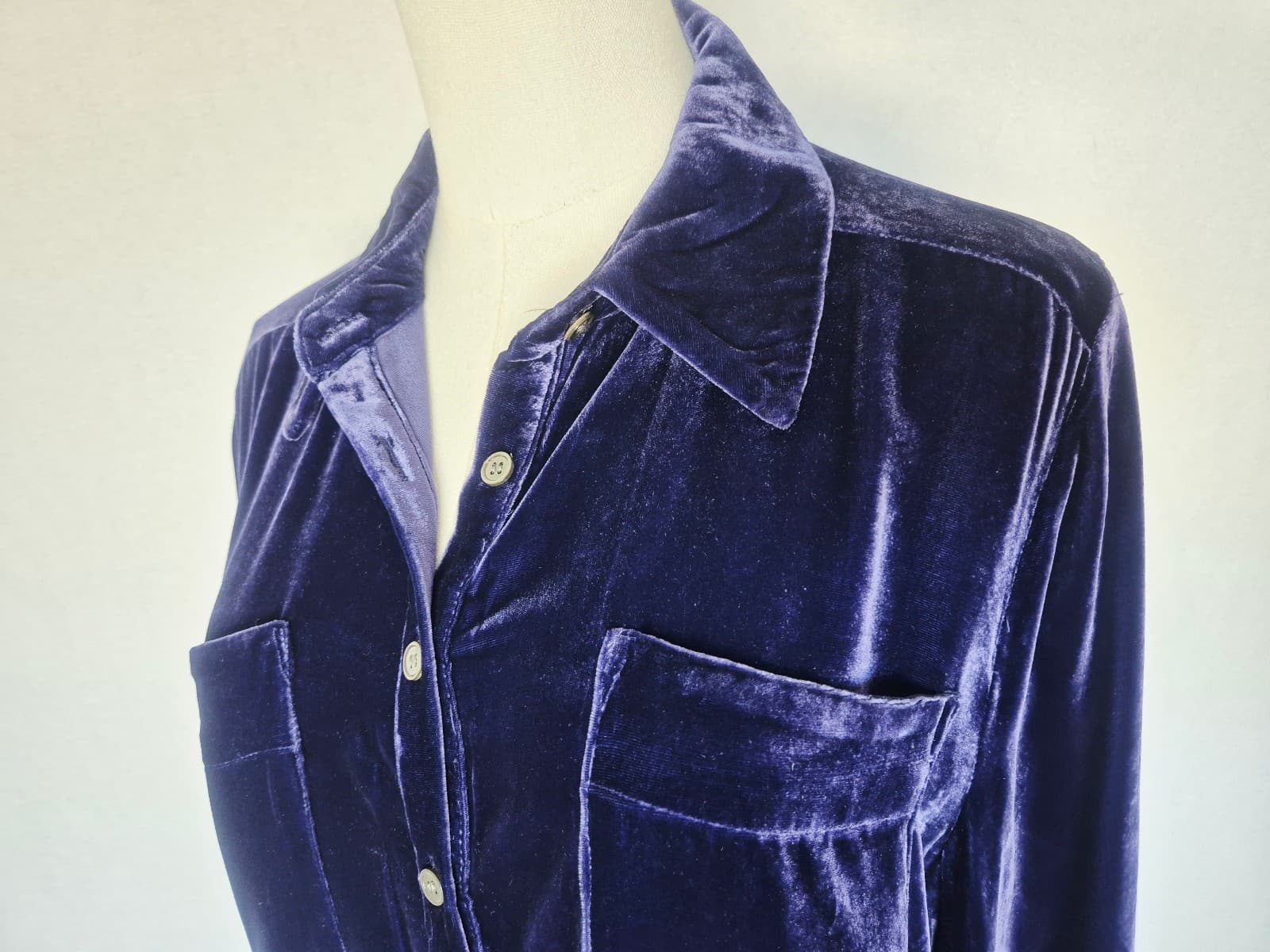 Sundance Velvet Button-Up Shirt Pockets Long Sleeve Silk Blend Blue Women's M - Thumbnail 6