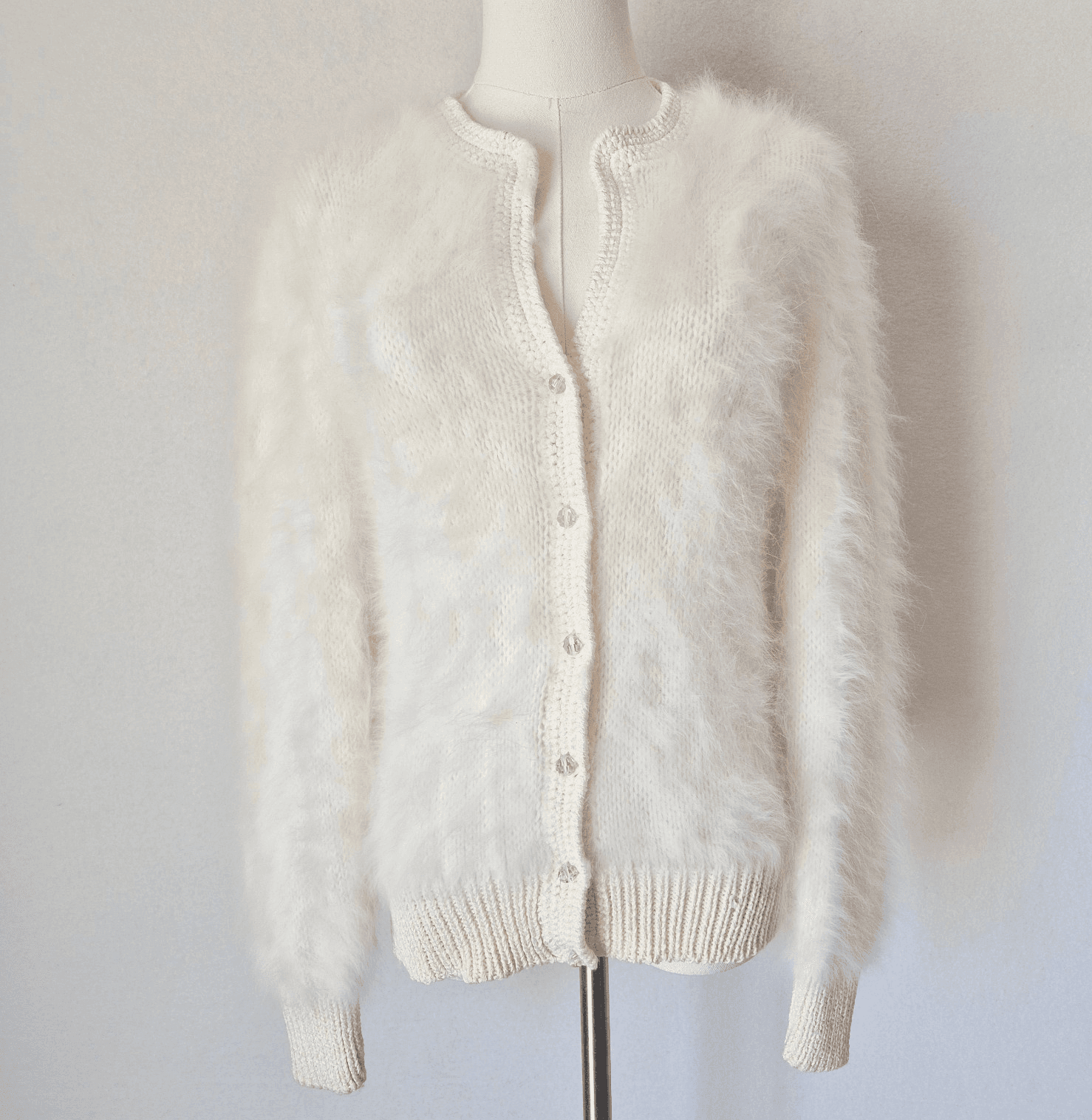 Vintage Augustina Taos New Mexico Fuzzy Cardigan V-Neck Button Ivory Women's M