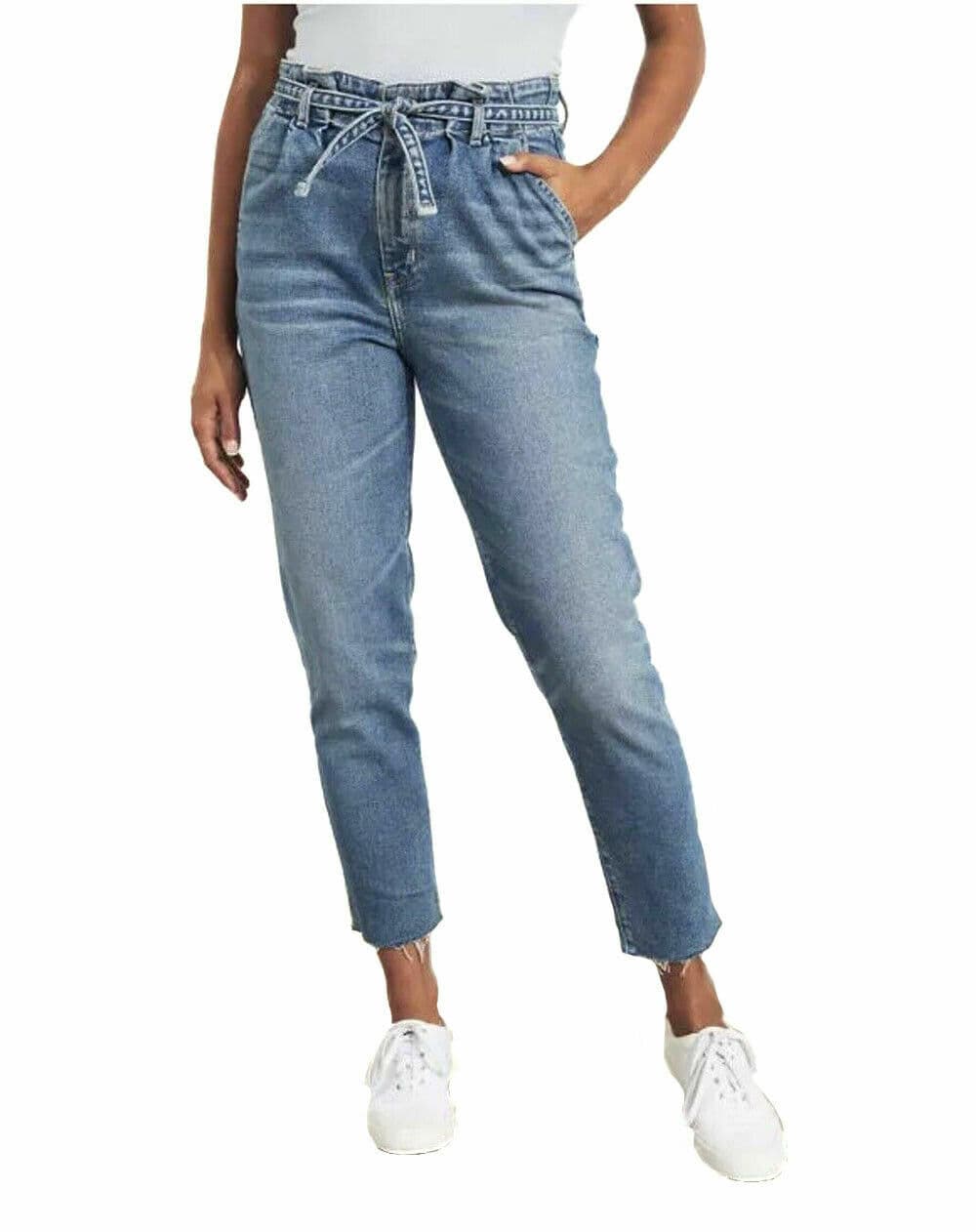 HOLLISTER Ultra High Rise Mom Jeans Raw Hem Paperbag Belt Blue Women Sz.23x27 - Thumbnail 6