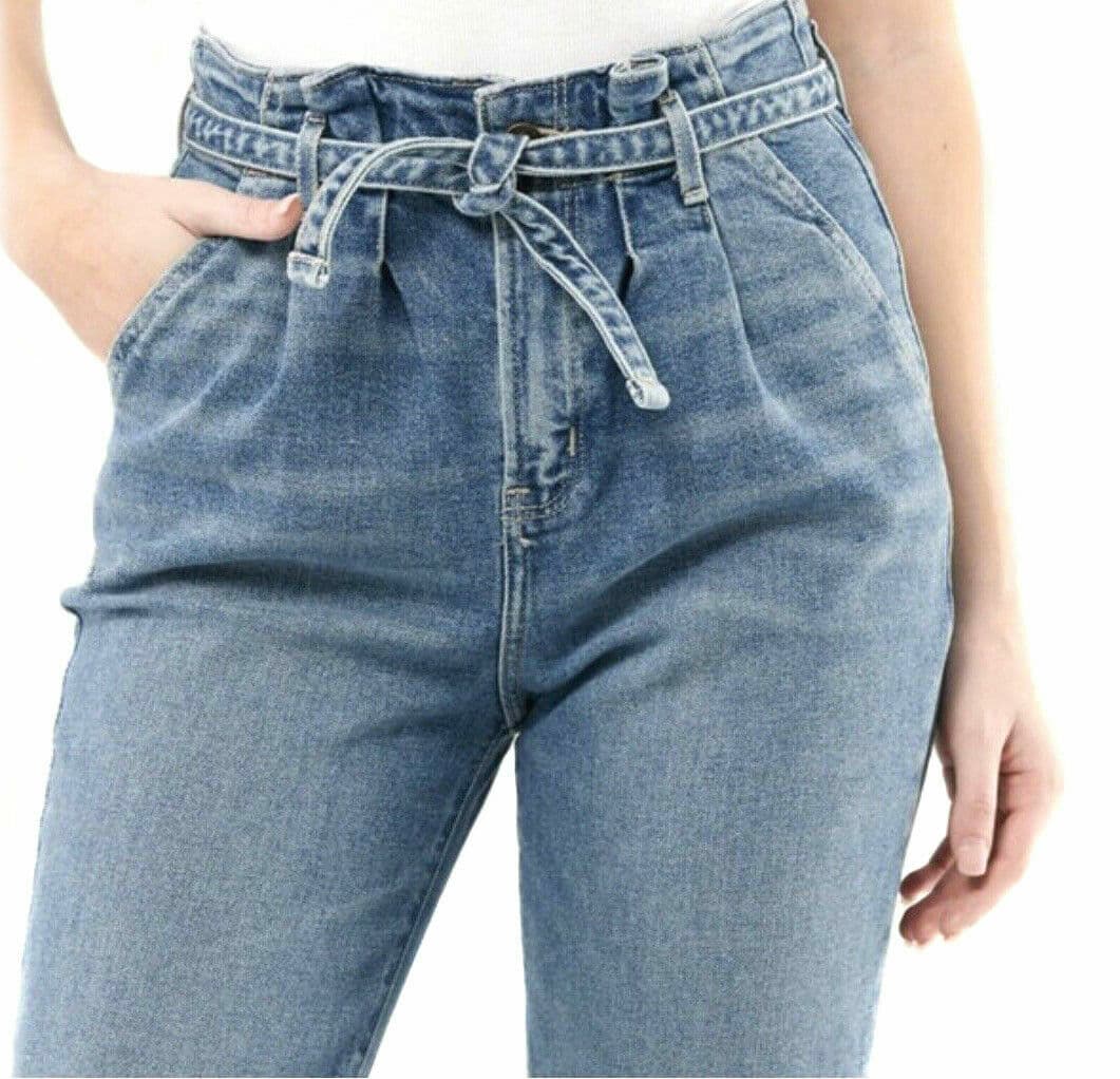 HOLLISTER Ultra High Rise Mom Jeans Raw Hem Paperbag Belt Blue Women Sz.23x27 - Thumbnail 3