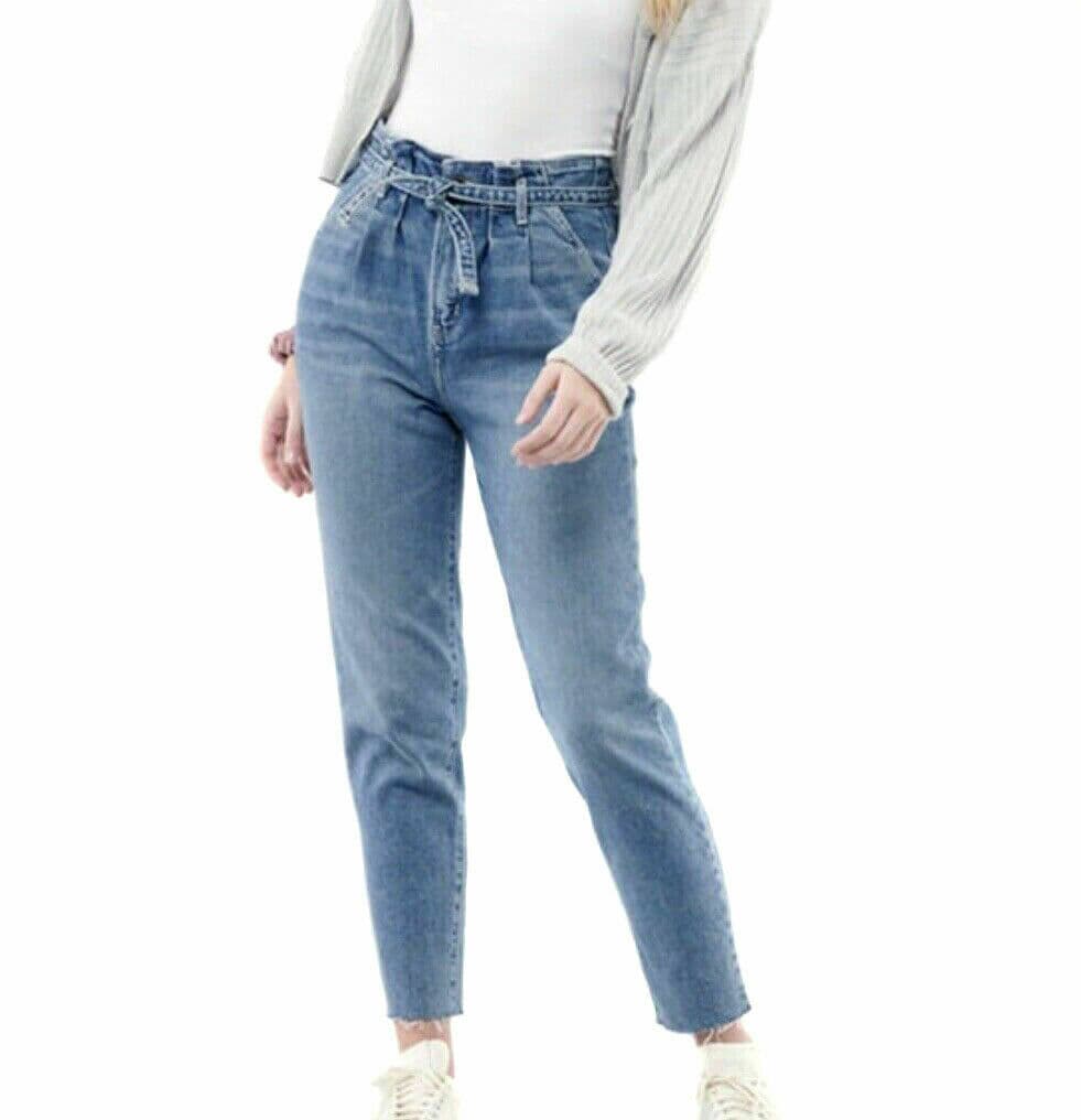HOLLISTER Ultra High Rise Mom Jeans Raw Hem Paperbag Belt Blue Women Sz.23x27