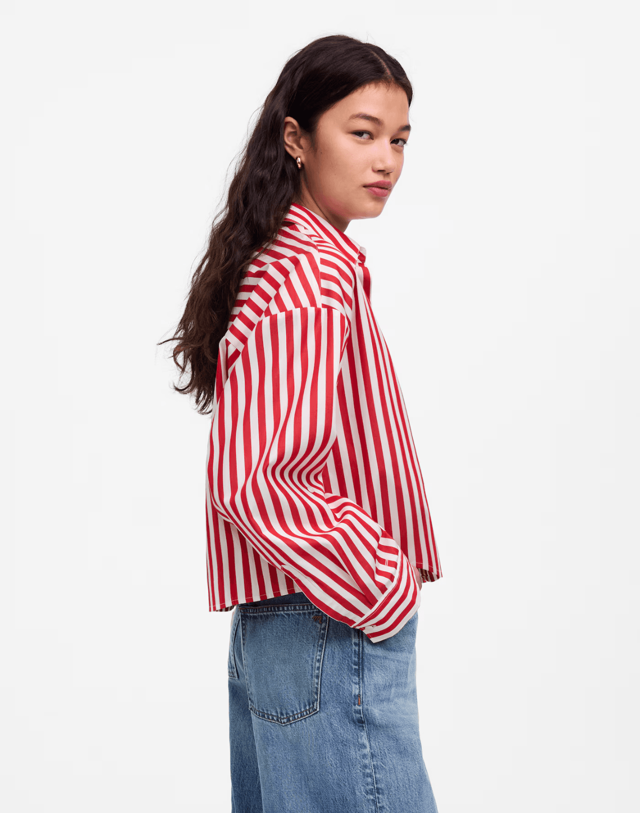 Madewell Straight Hem Boxy Shirt Long Sleeve Cotton Red White Stripe Women's L - Thumbnail 6