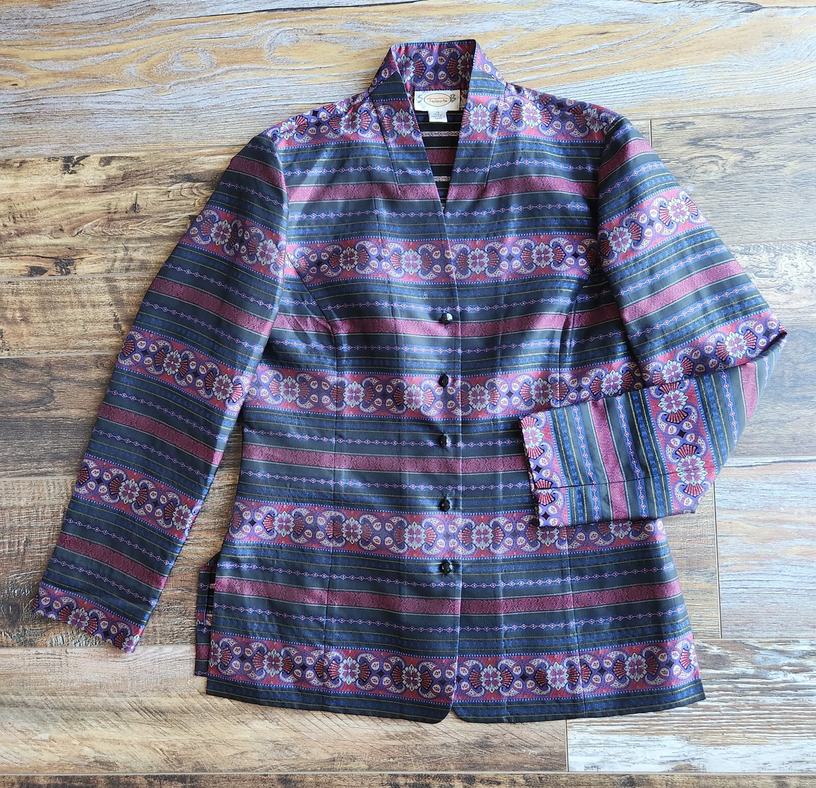 Vintage Talbots Silk Jacquard Tribal Lightweight Jacket Metallic Multicolor 10 - Thumbnail 6