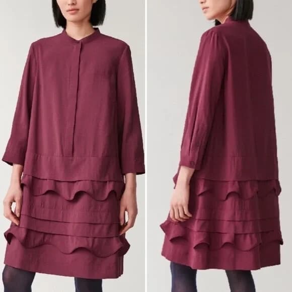 COS $125 Scalloped Trim Layered Ruffle Mini Dress Long Sleeve Pocket Red Sz.8 - Thumbnail 2