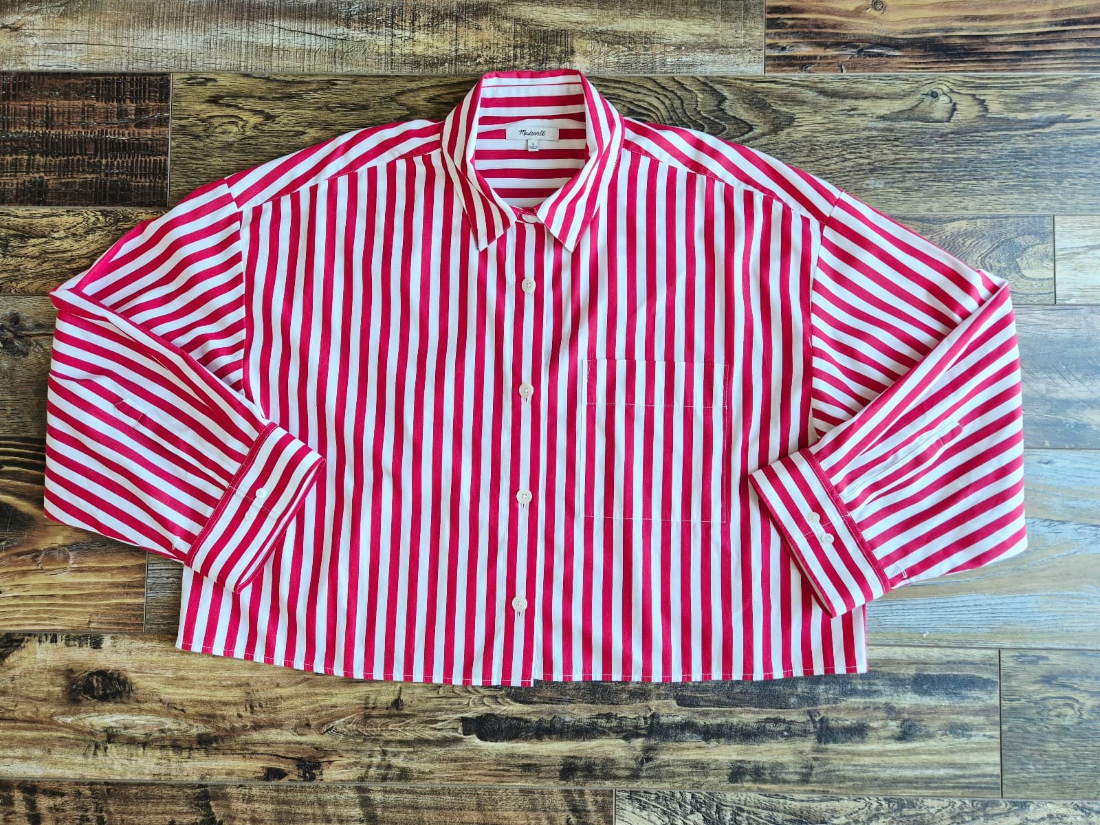 Madewell Straight Hem Boxy Shirt Long Sleeve Cotton Red White Stripe Women's L - Thumbnail 3
