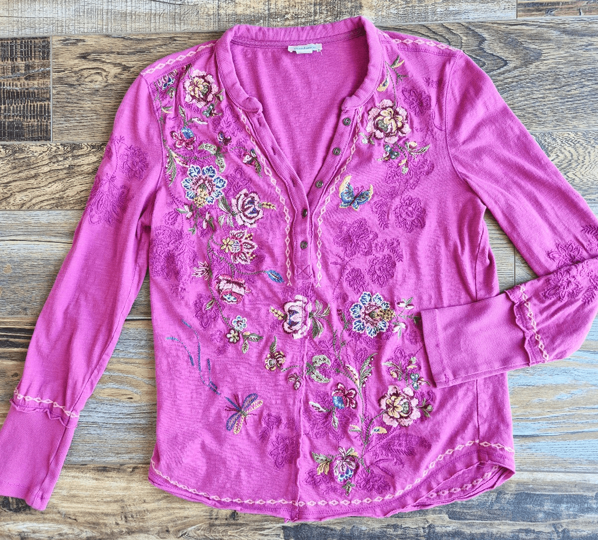 Sundance Caitlyn Floral Embroidered Top 3/4 Button V-Neck Cotton Knit Pink Sz.XS - Thumbnail 3