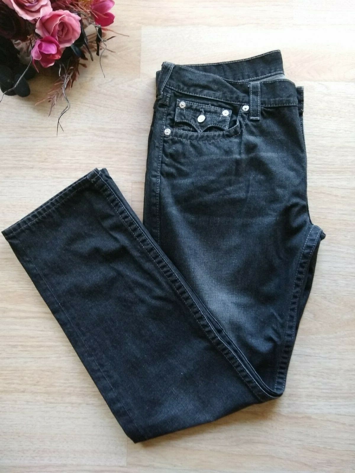 True Religion Men 100%Cotton Black Jeans Straight Leg Sz.38 Mede in Mexico