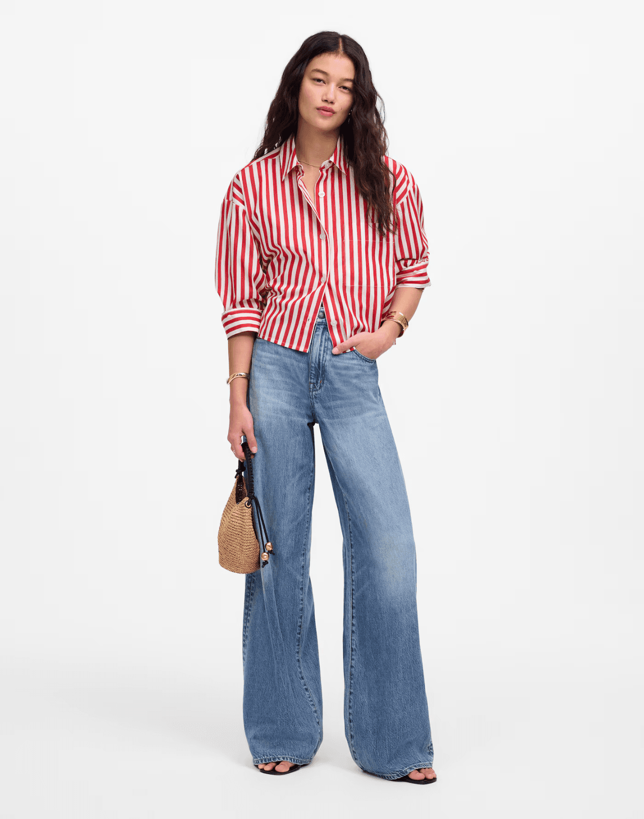 Madewell Straight Hem Boxy Shirt Long Sleeve Cotton Red White Stripe Women's L - Thumbnail 4
