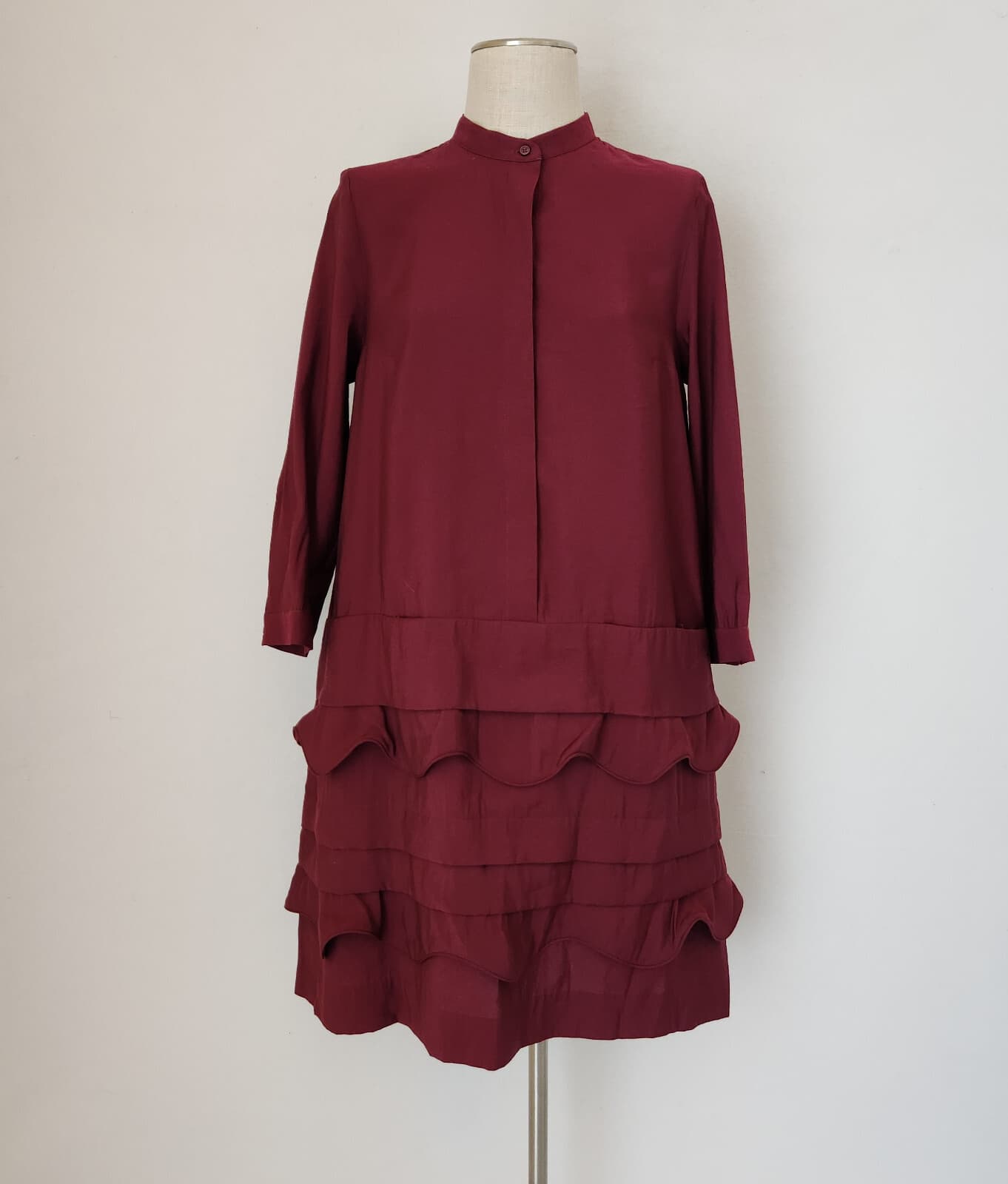 COS $125 Scalloped Trim Layered Ruffle Mini Dress Long Sleeve Pocket Red Sz.8
