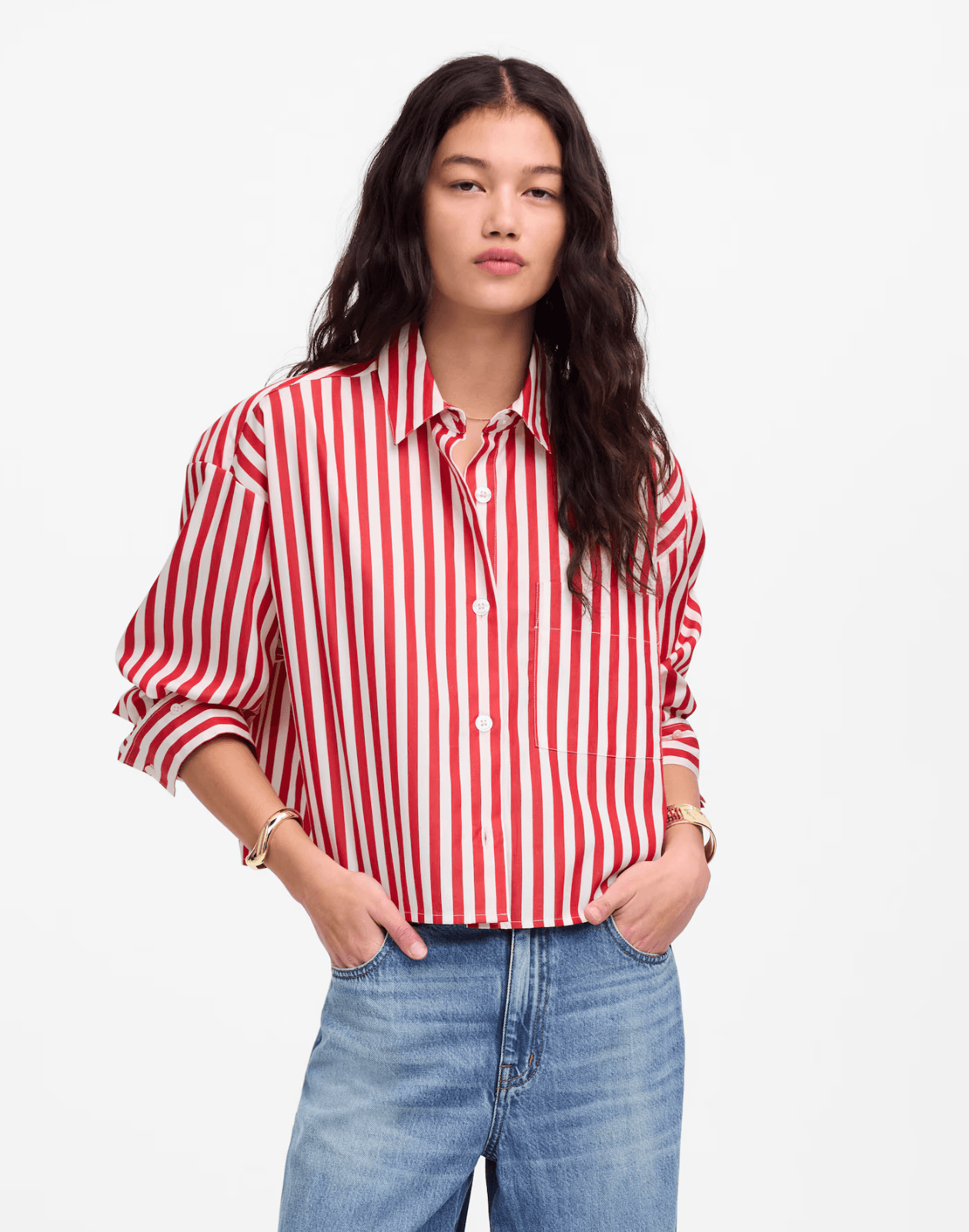 Madewell Straight Hem Boxy Shirt Long Sleeve Cotton Red White Stripe Women's L - Thumbnail 2