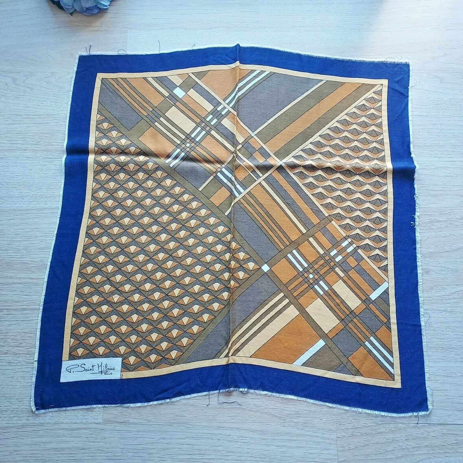 VINTAGE P. Saint Hilaire Paris Scarf Geo-Printed Orange Blue Square 29" x 29" - Thumbnail 2