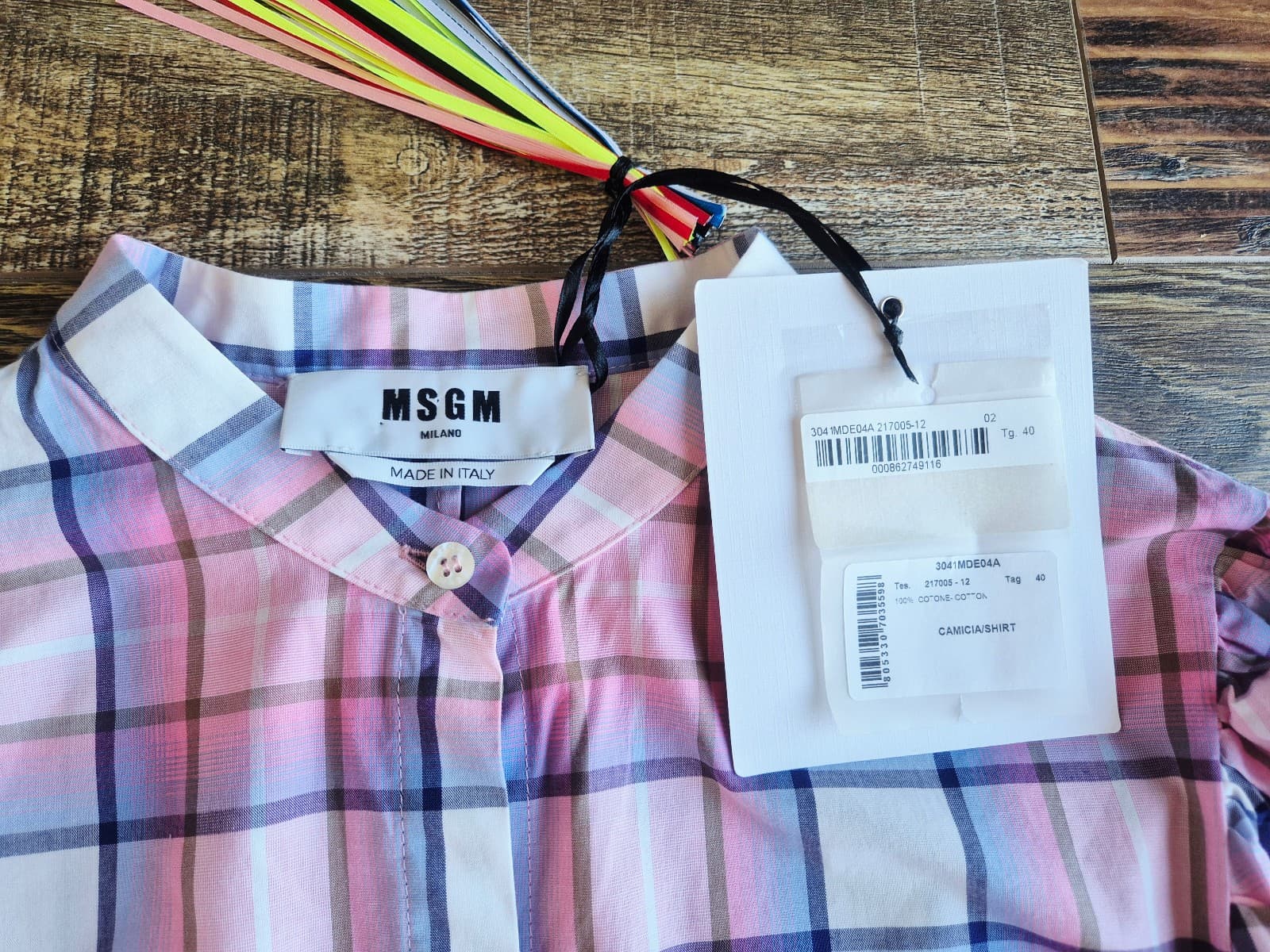 NEW MSGM Milano Made in Italy Camicia Shirt Slim-Fit Band Collar Pink Plaid EU40 - Thumbnail 8
