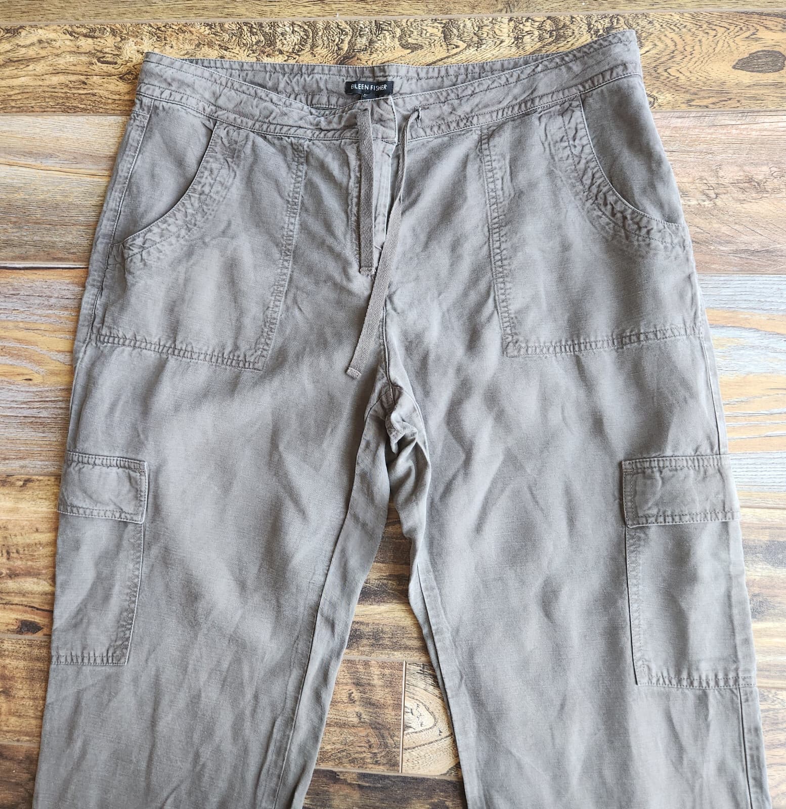 EILEEN FISHER Linen Blend Cargo Utility Ankle Pants Zip Drawstring Grey Women 12 - Thumbnail 3