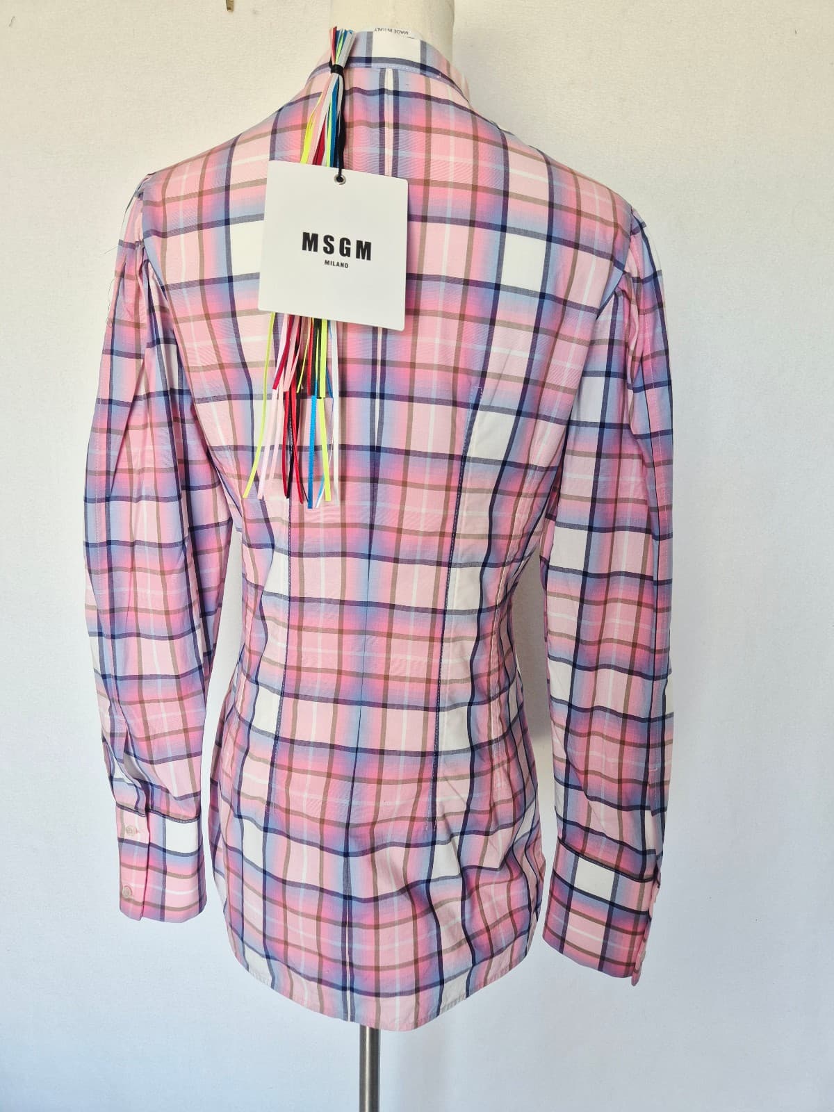 NEW MSGM Milano Made in Italy Camicia Shirt Slim-Fit Band Collar Pink Plaid EU40 - Thumbnail 6